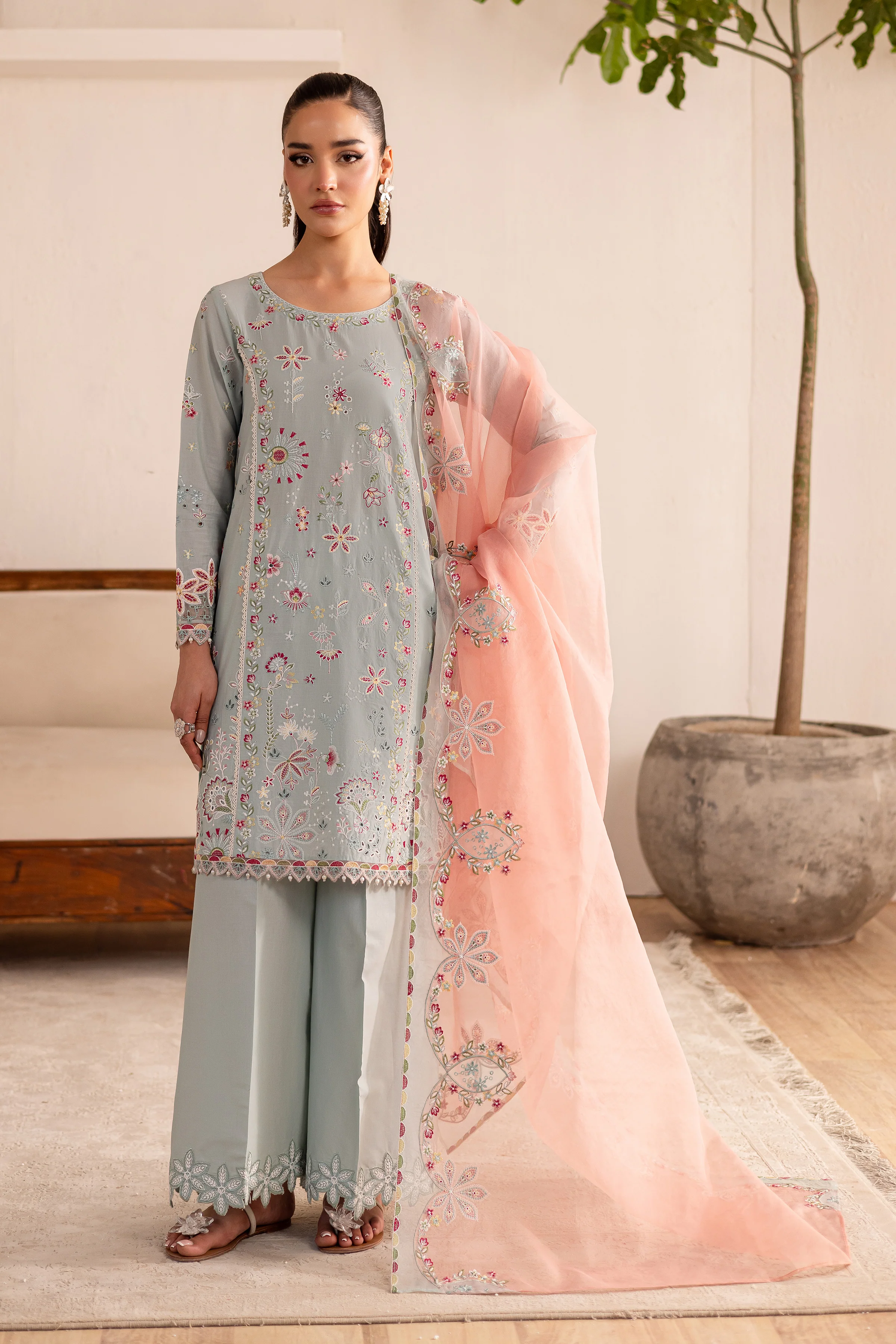 Across The Ocean 3Pc - Embroidered Solid Dress - Image 2