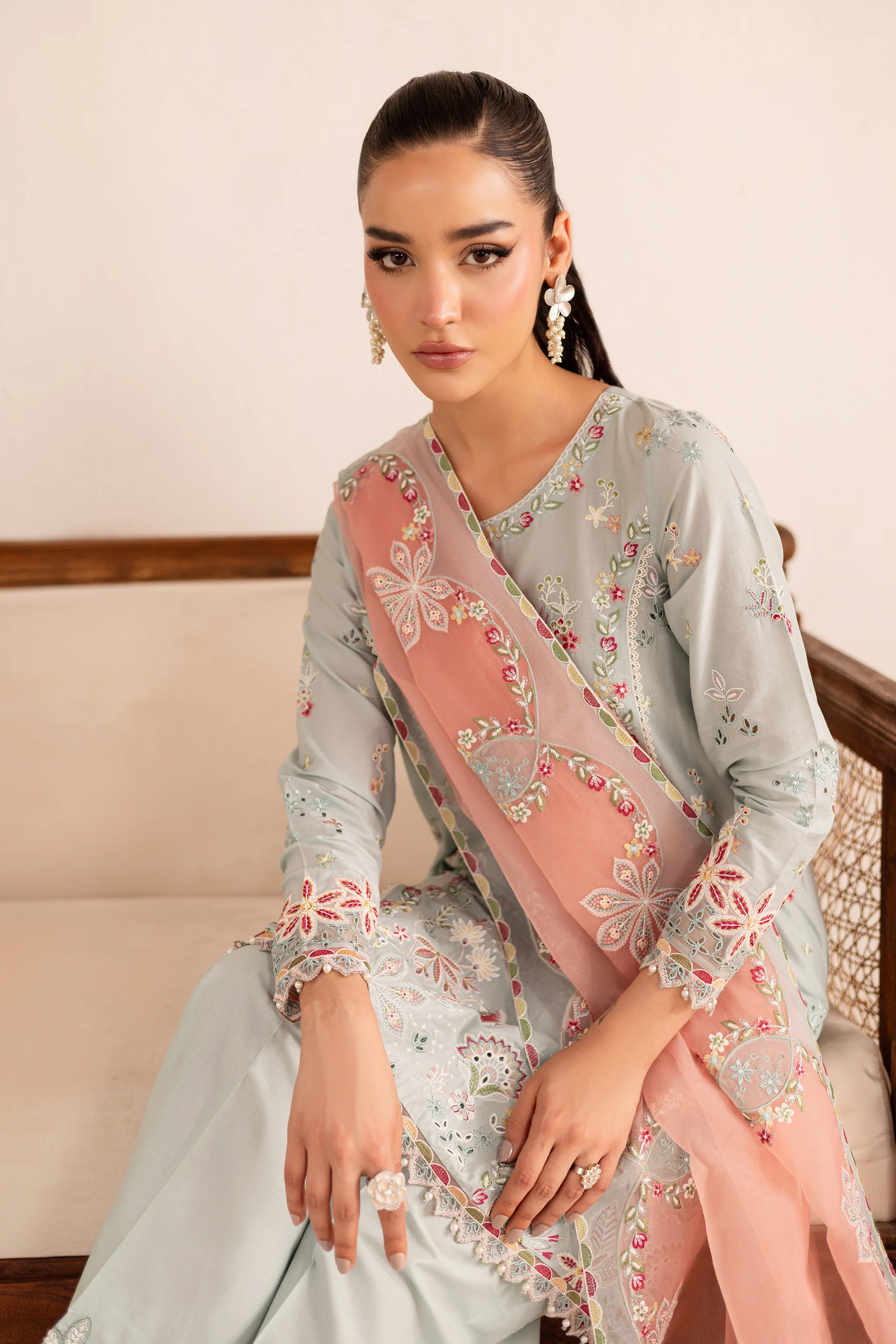 Across The Ocean 3Pc - Embroidered Solid Dress - Image 3