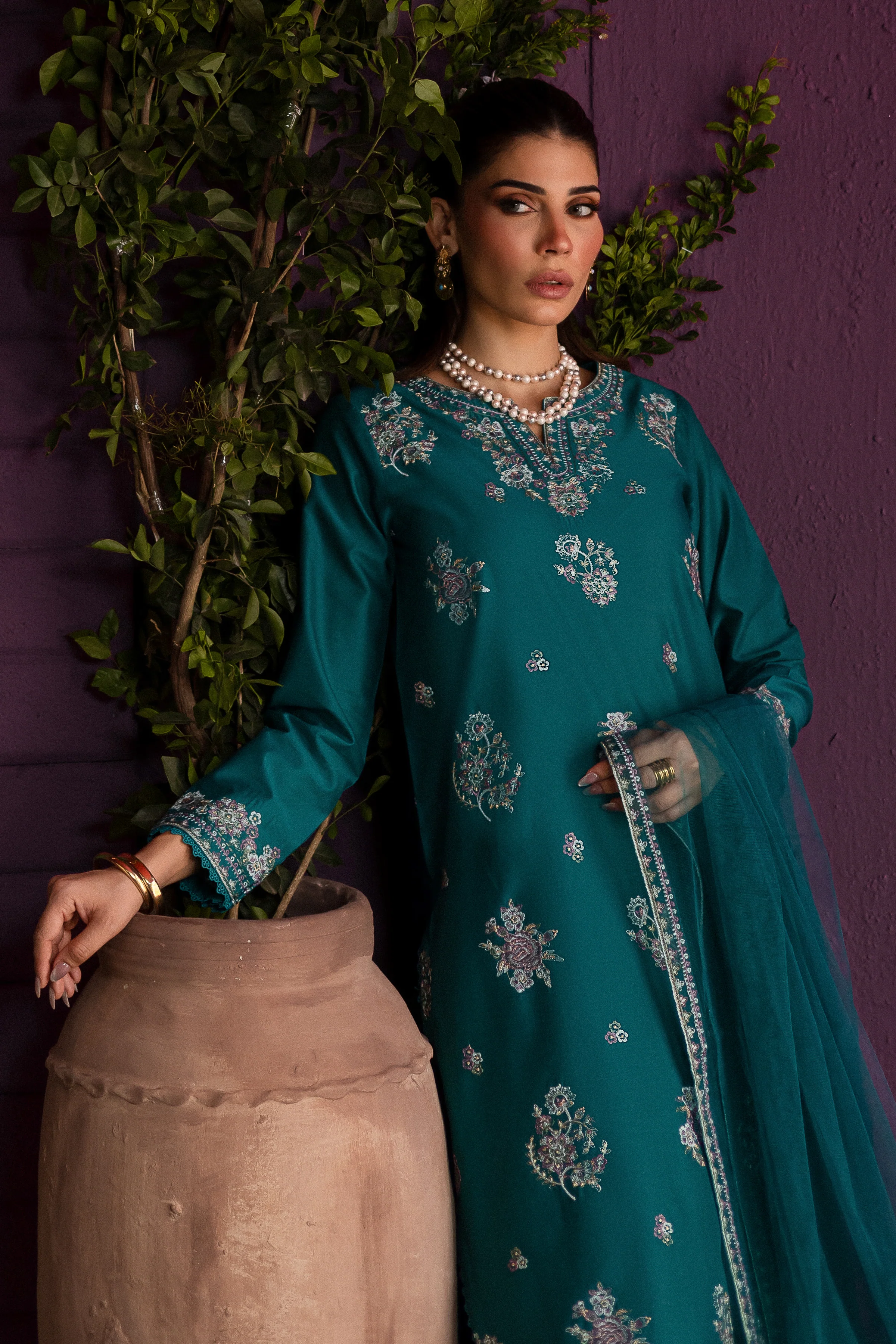 Aks 3Pc - Embroidered Solid Dress - Image 3
