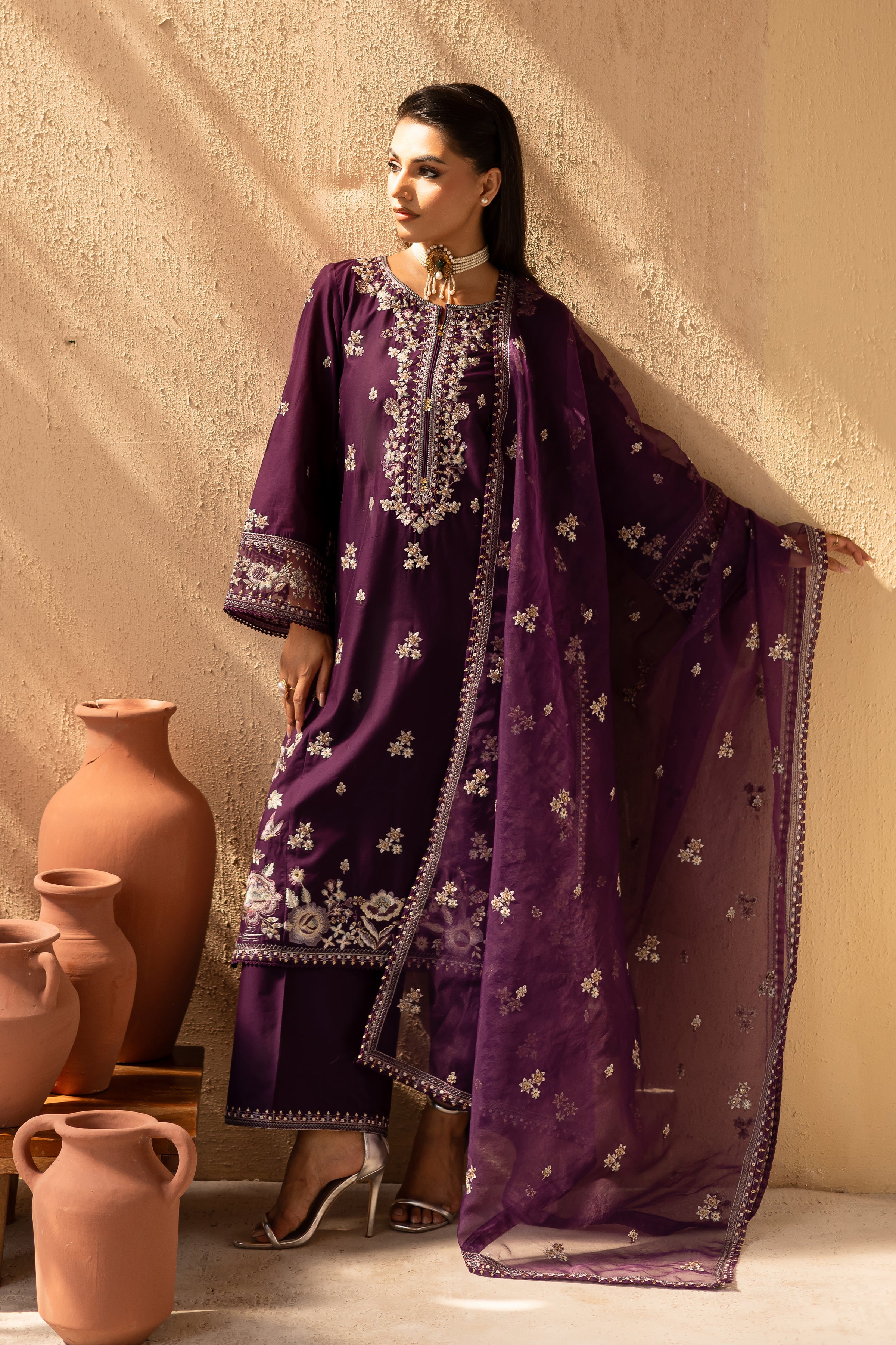 Amethyst 3Pc - Embroidered Solid Dress - Image 4