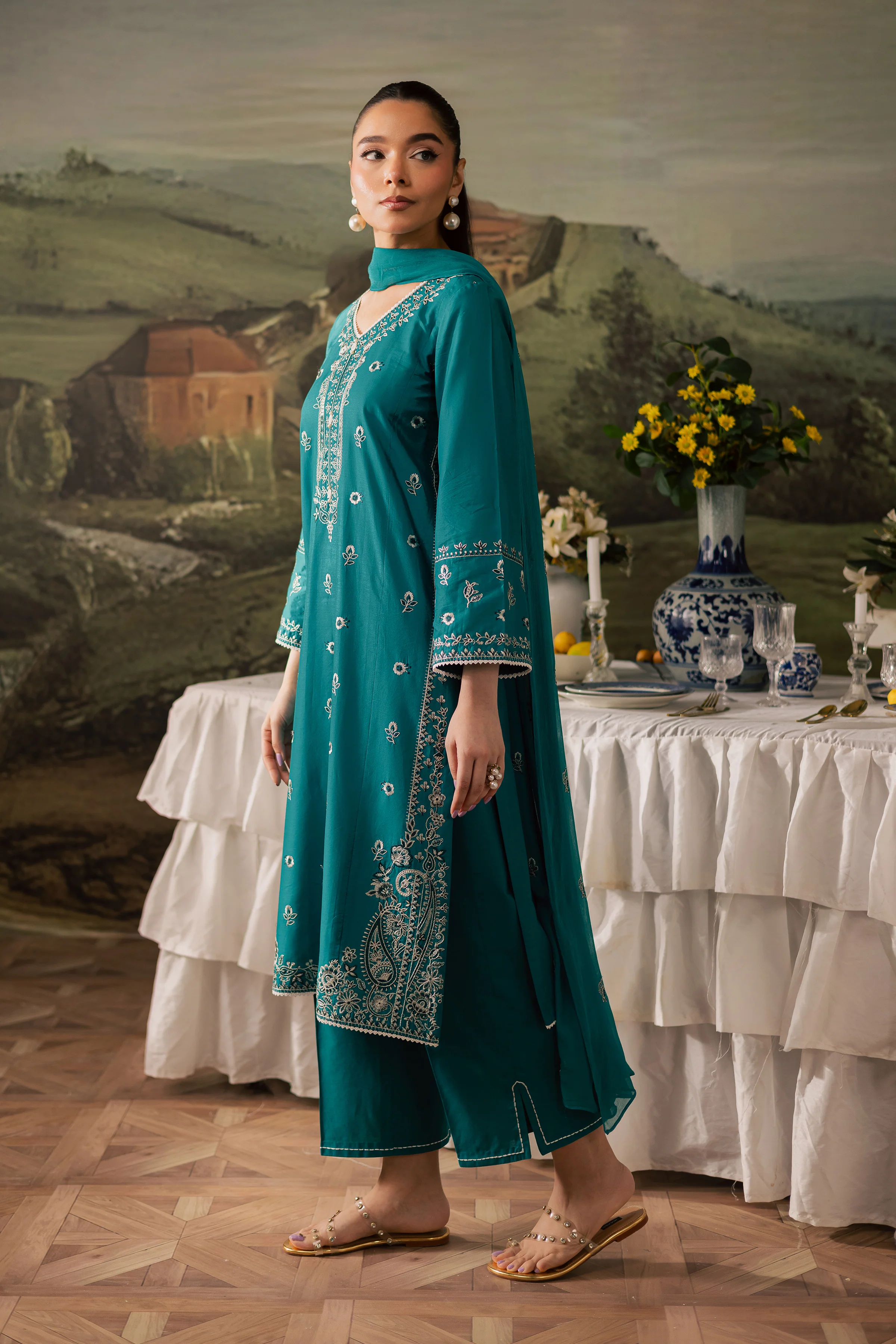 Aqua 3Pc - Embroidered Lawn Pret - Image 4