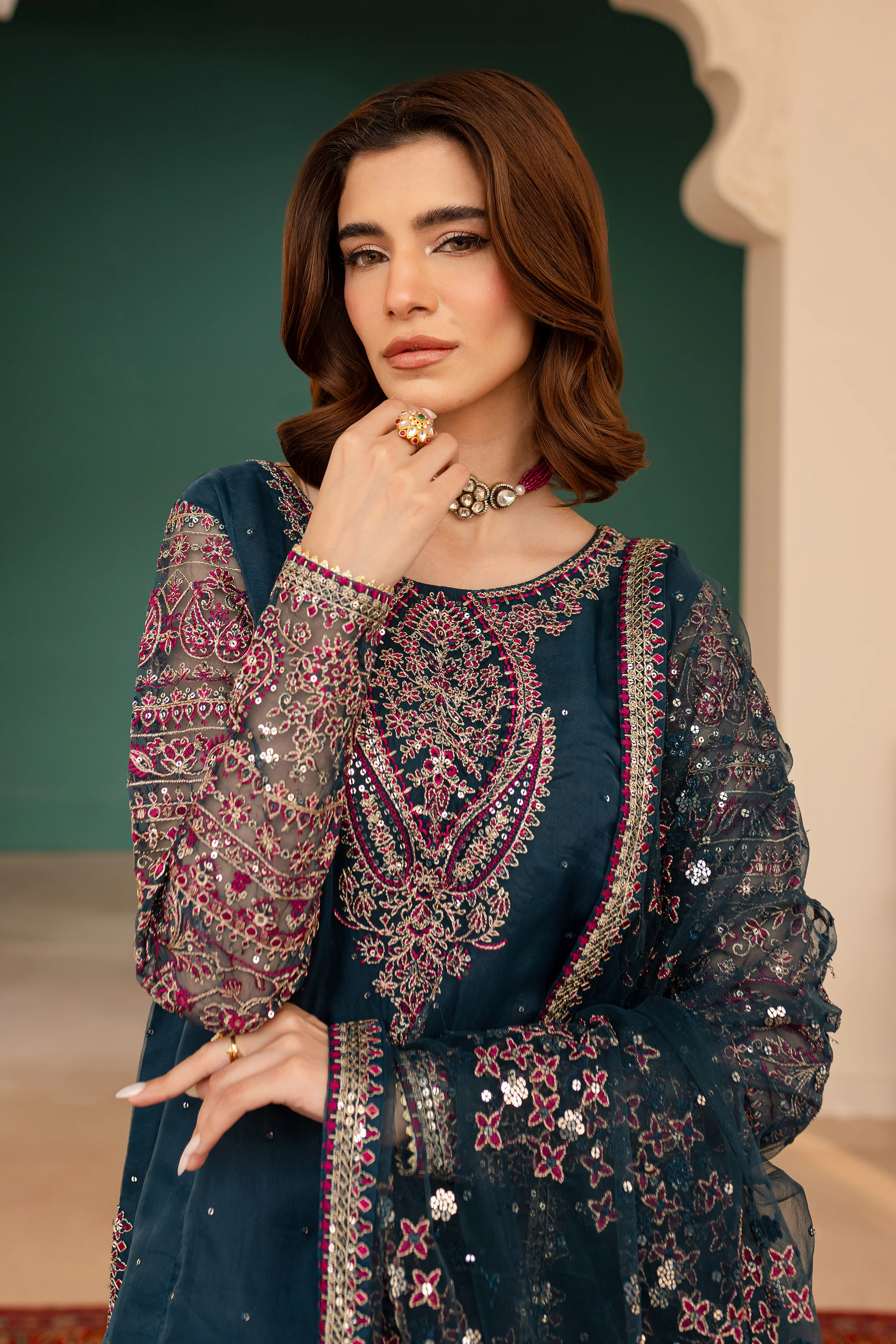 Azure Blue 3Pc - Embroidered Luxe Pret - Image 2