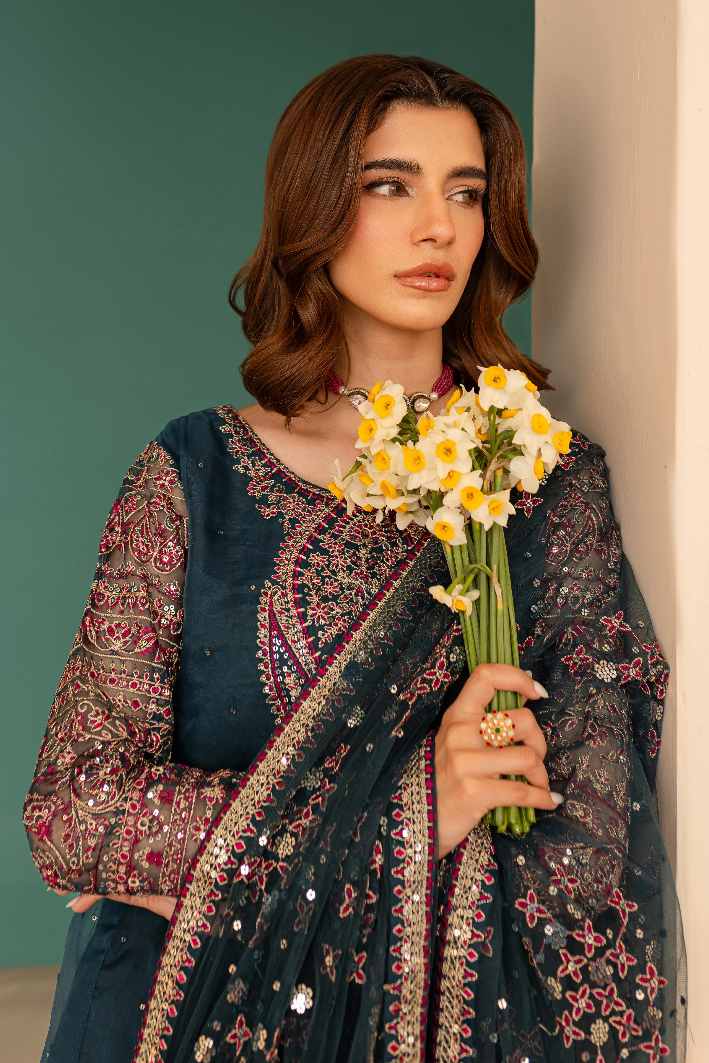 Azure Blue 3Pc - Embroidered Luxe Pret - Image 3