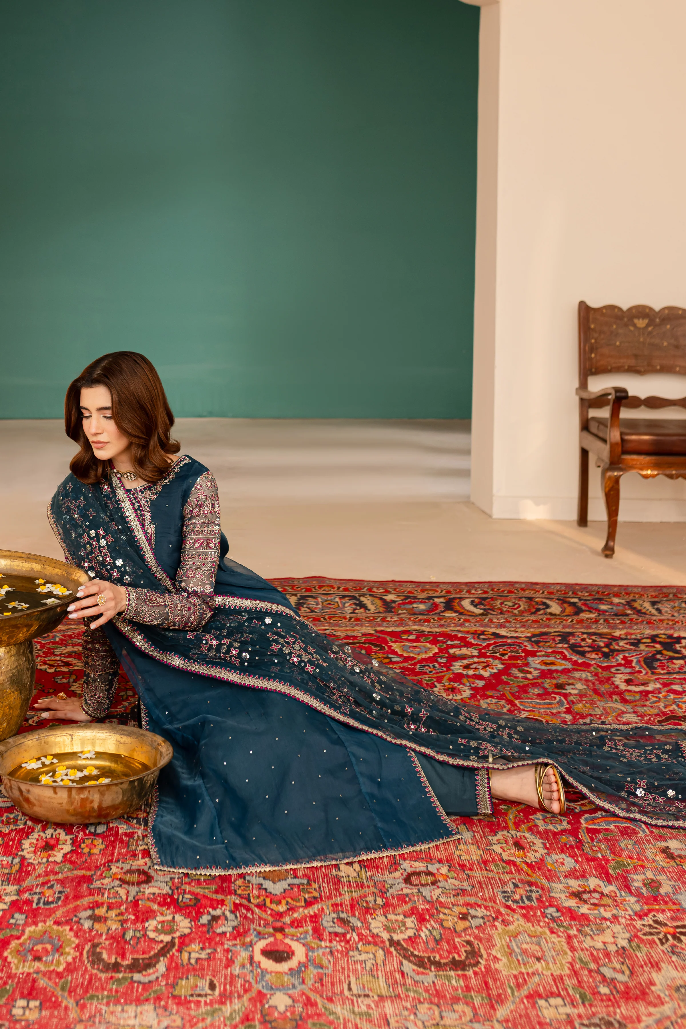 Azure Blue 3Pc - Embroidered Luxe Pret - Image 4