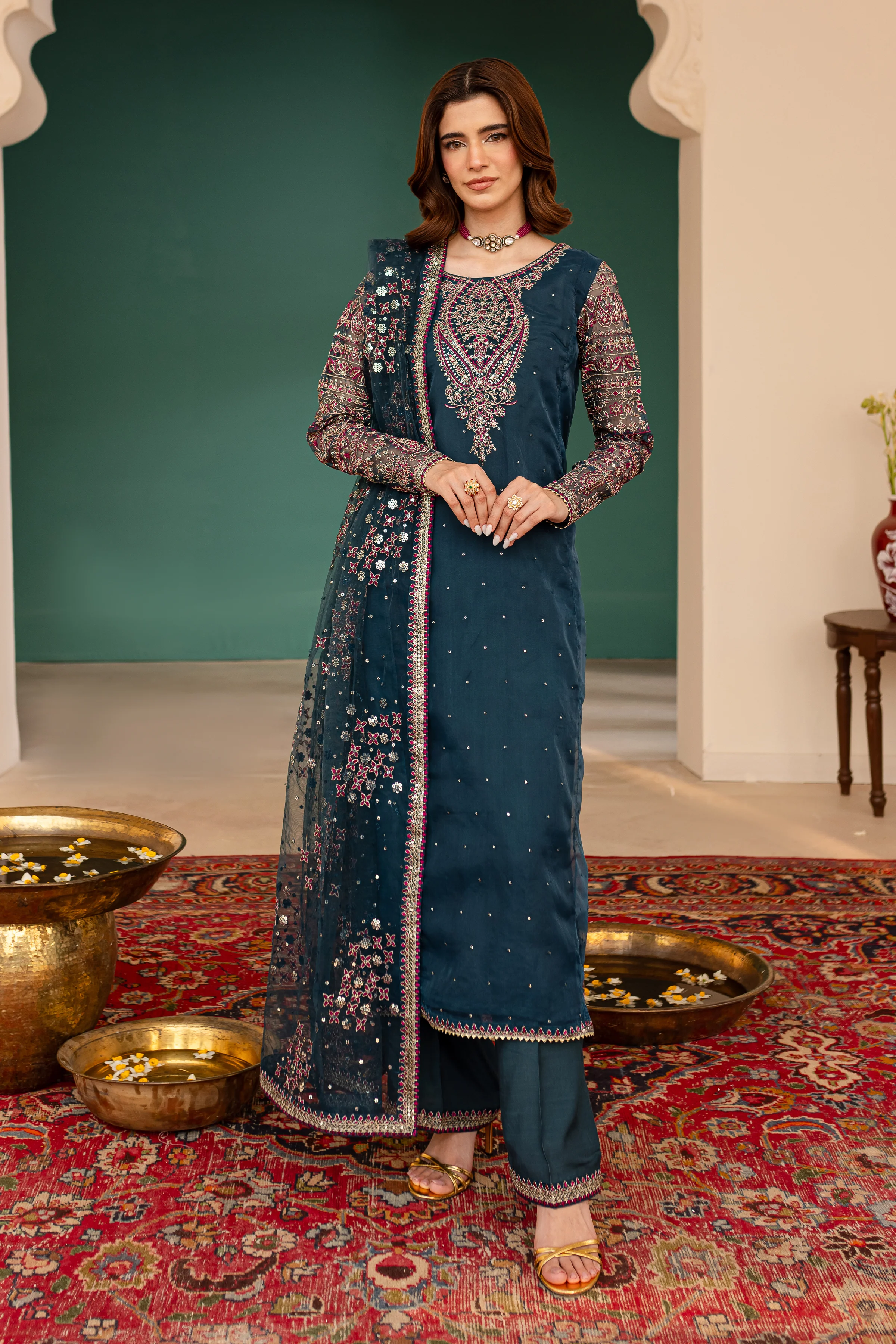 Azure Blue 3Pc - Embroidered Luxe Pret - Image 5