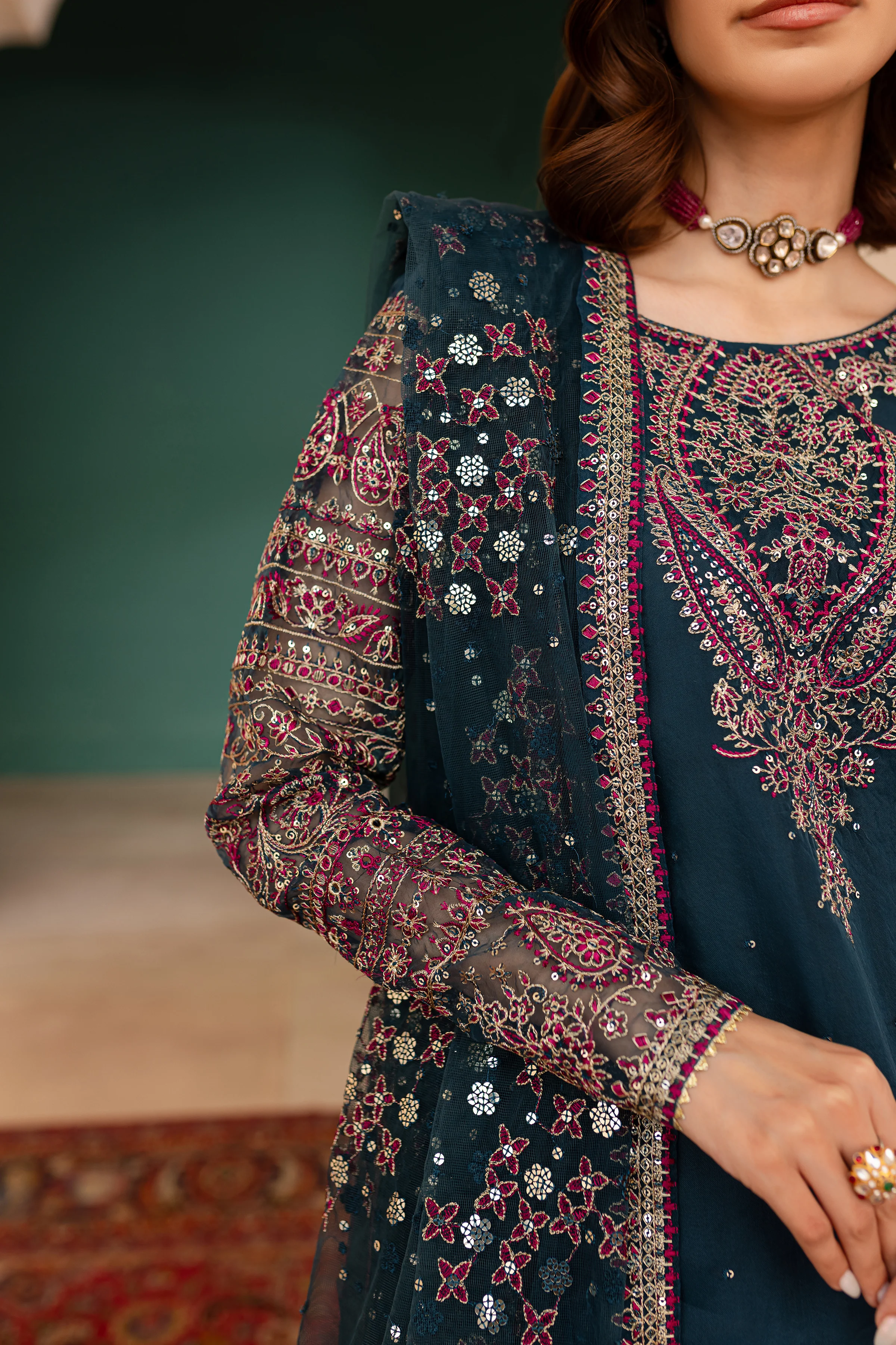 Azure Blue 3Pc - Embroidered Luxe Pret - Image 8