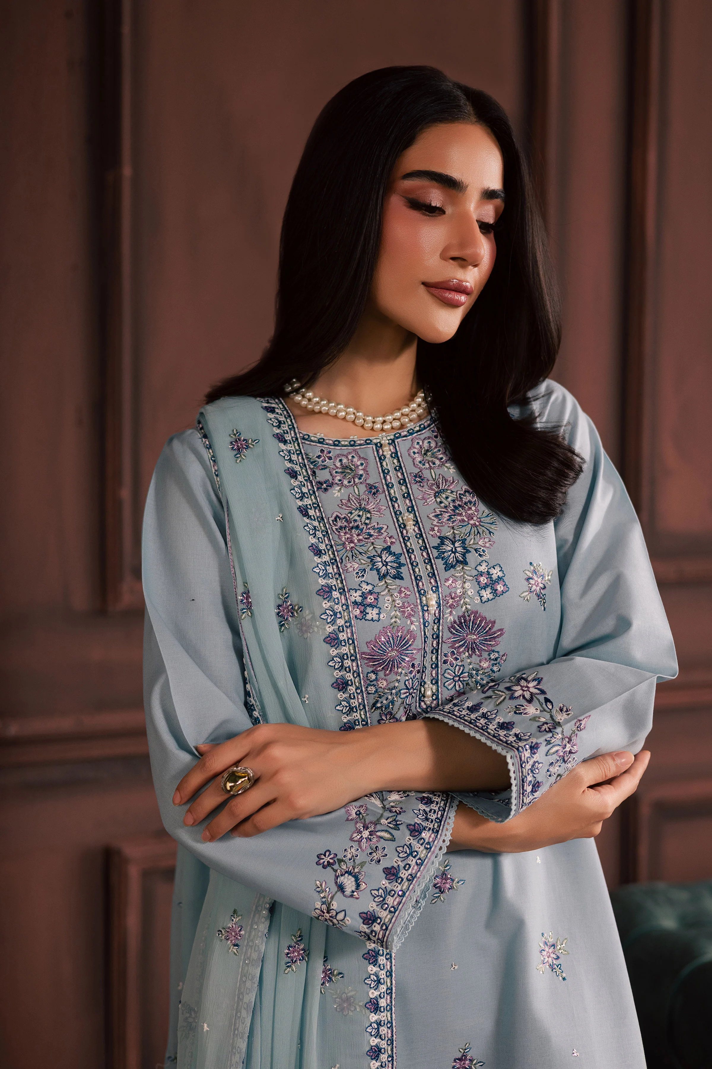 Azure Charm 3Pc - Embroidered Khaddar Dress - Image 2