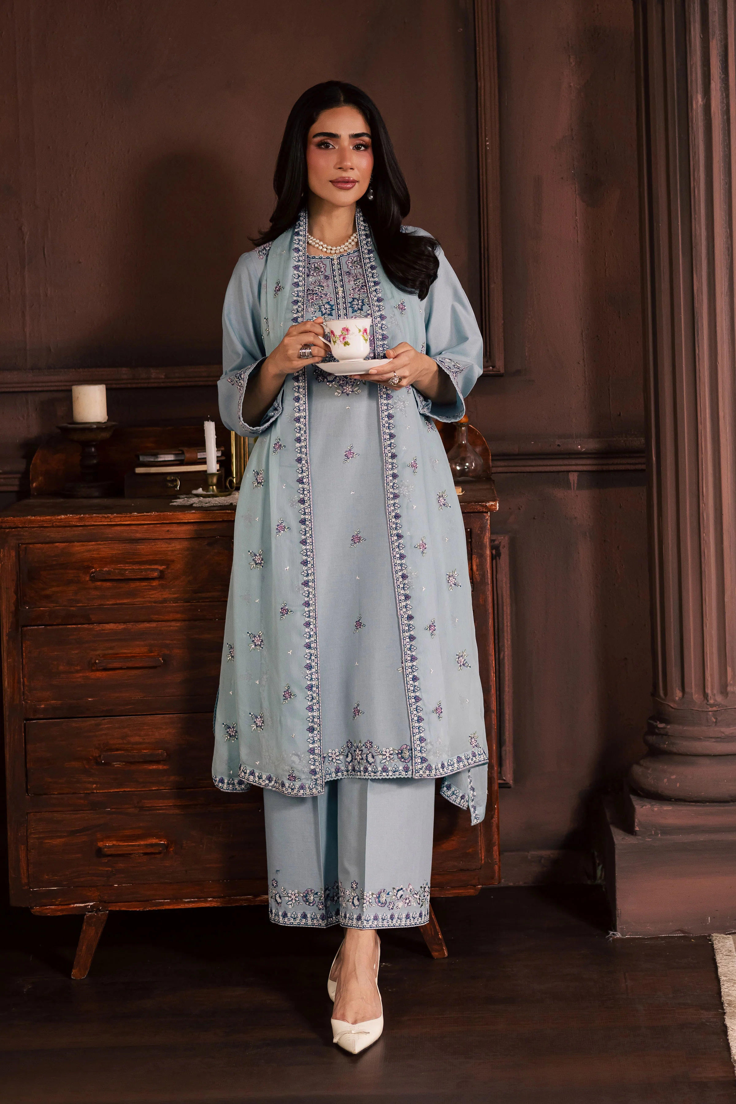 Azure Charm 3Pc - Embroidered Khaddar Dress - Image 3