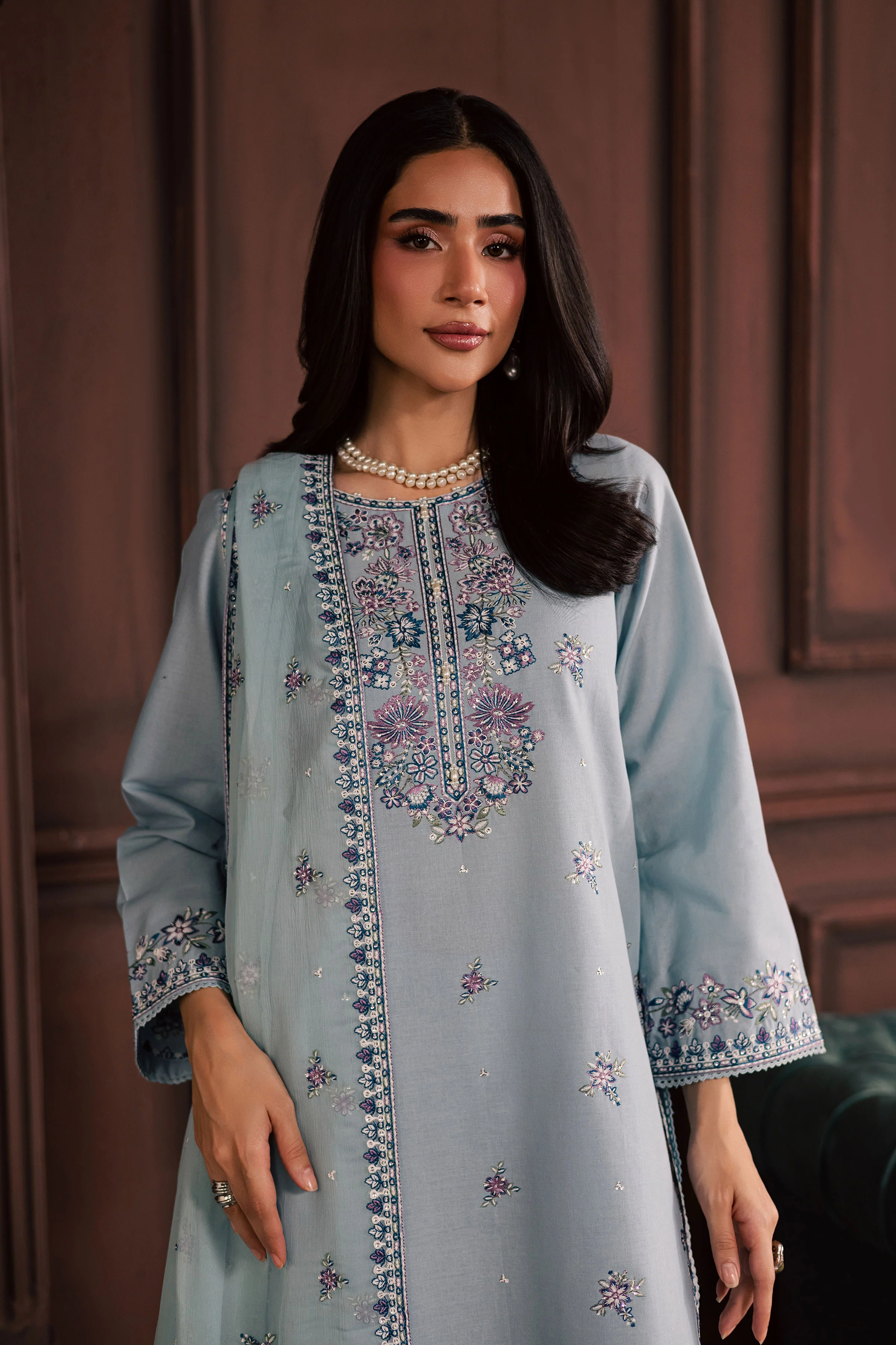 Azure Charm 3Pc - Embroidered Khaddar Dress - Image 4