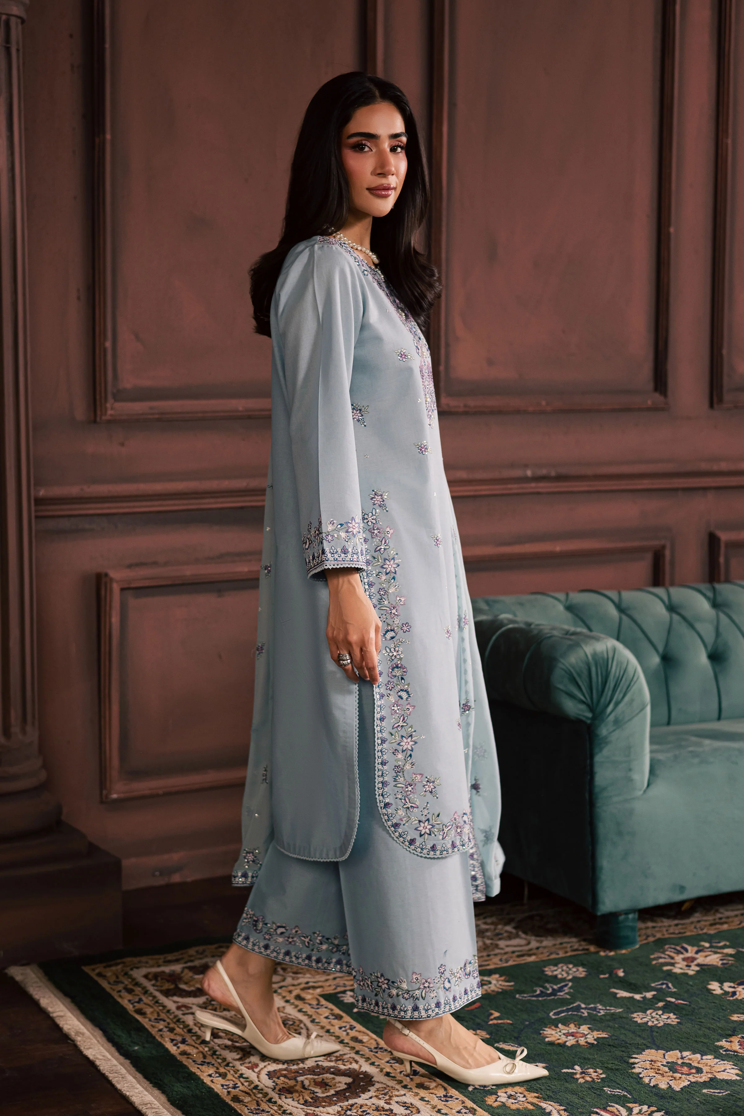 Azure Charm 3Pc - Embroidered Khaddar Dress - Image 5