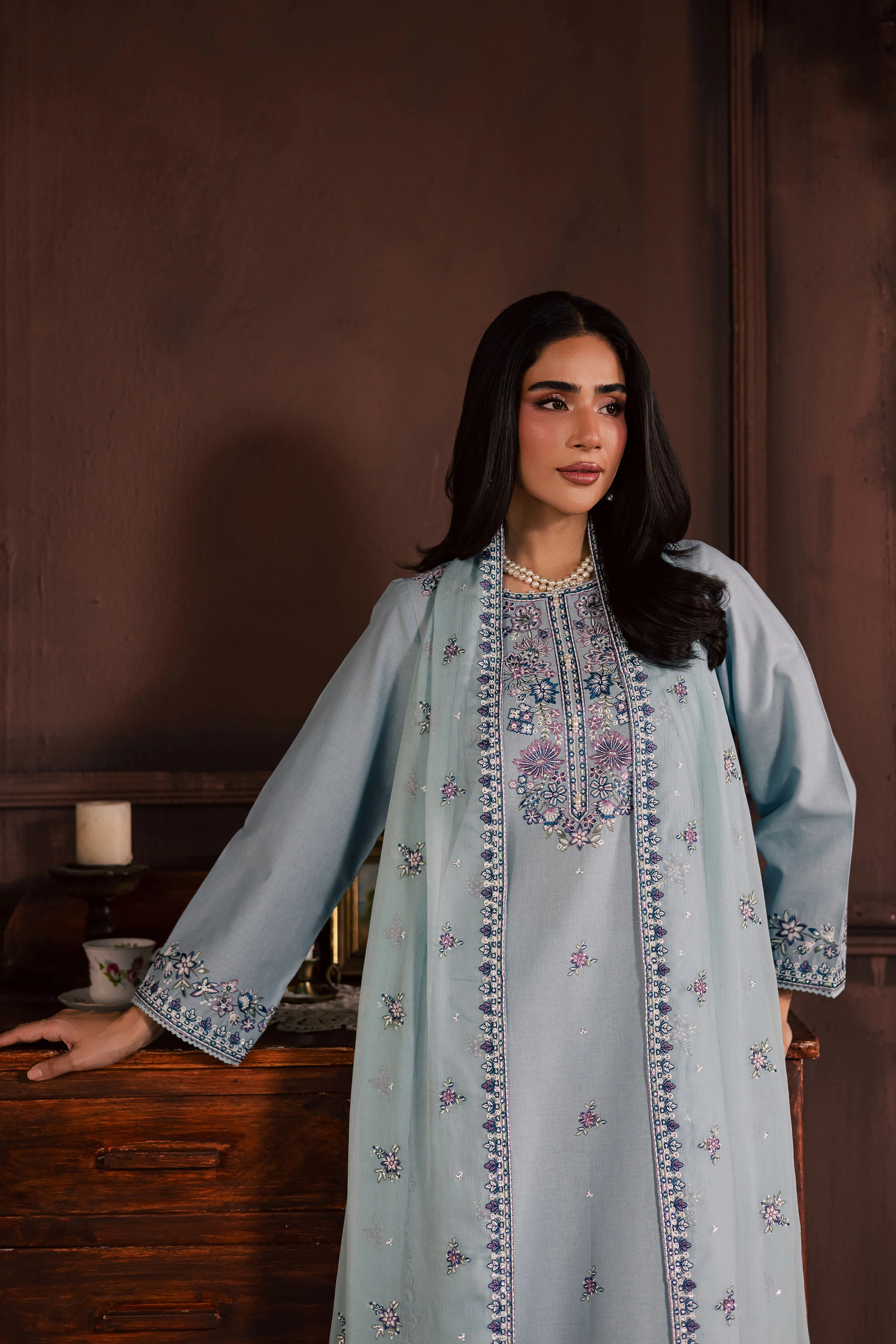 Azure Charm 3Pc - Embroidered Khaddar Dress - Image 6