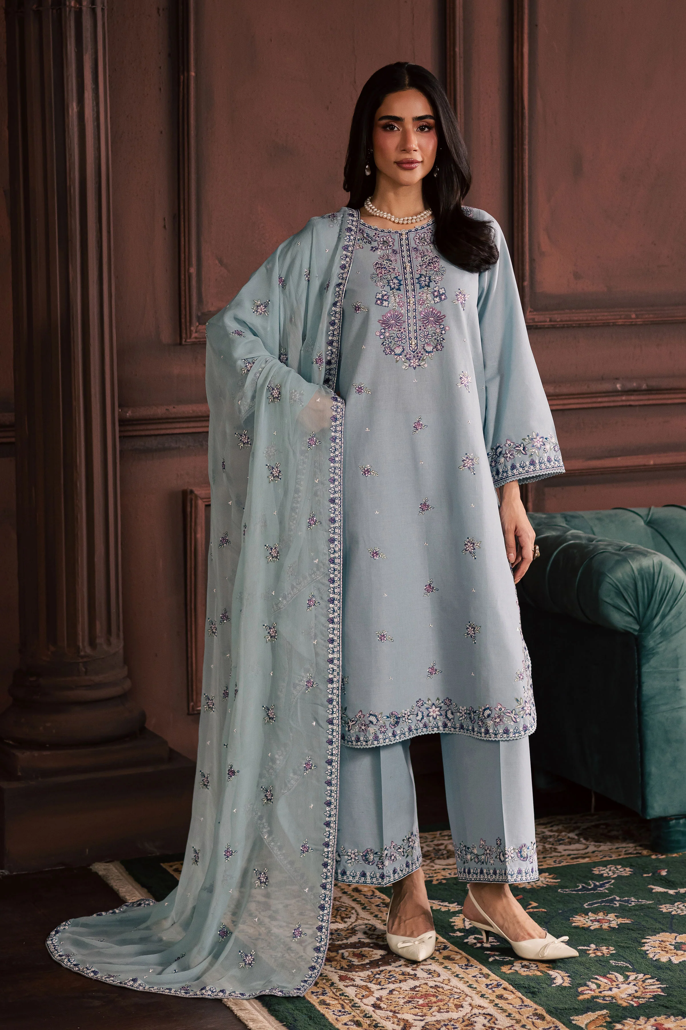 Azure Charm 3Pc - Embroidered Khaddar Dress - Image 8
