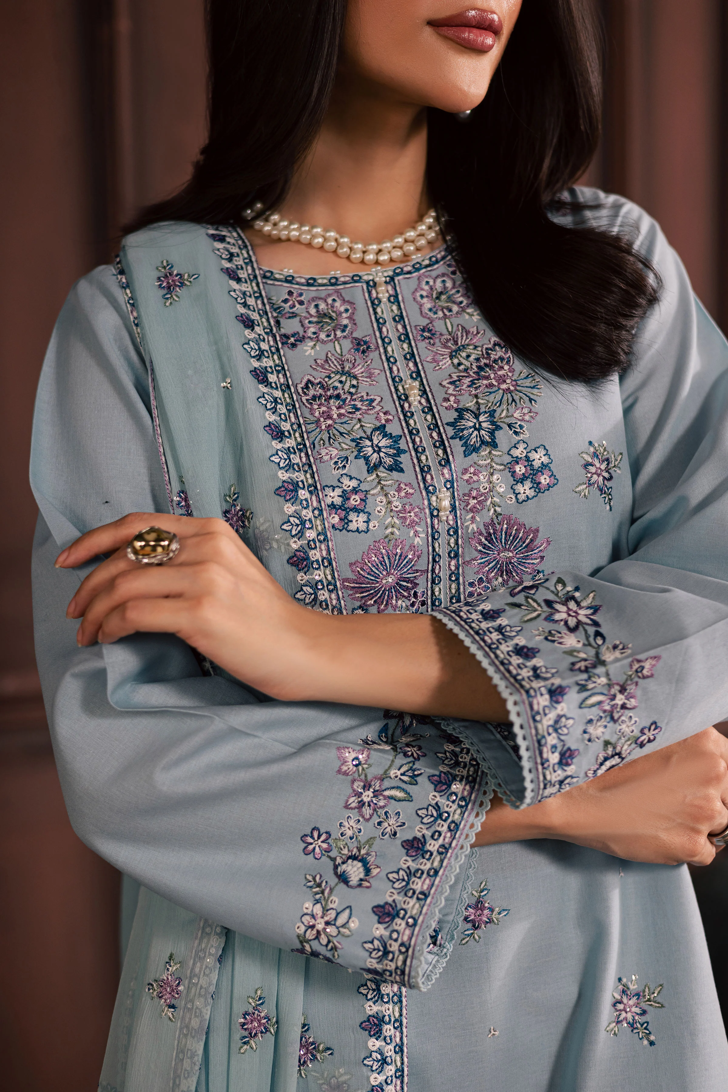 Azure Charm 3Pc - Embroidered Khaddar Dress - Image 9