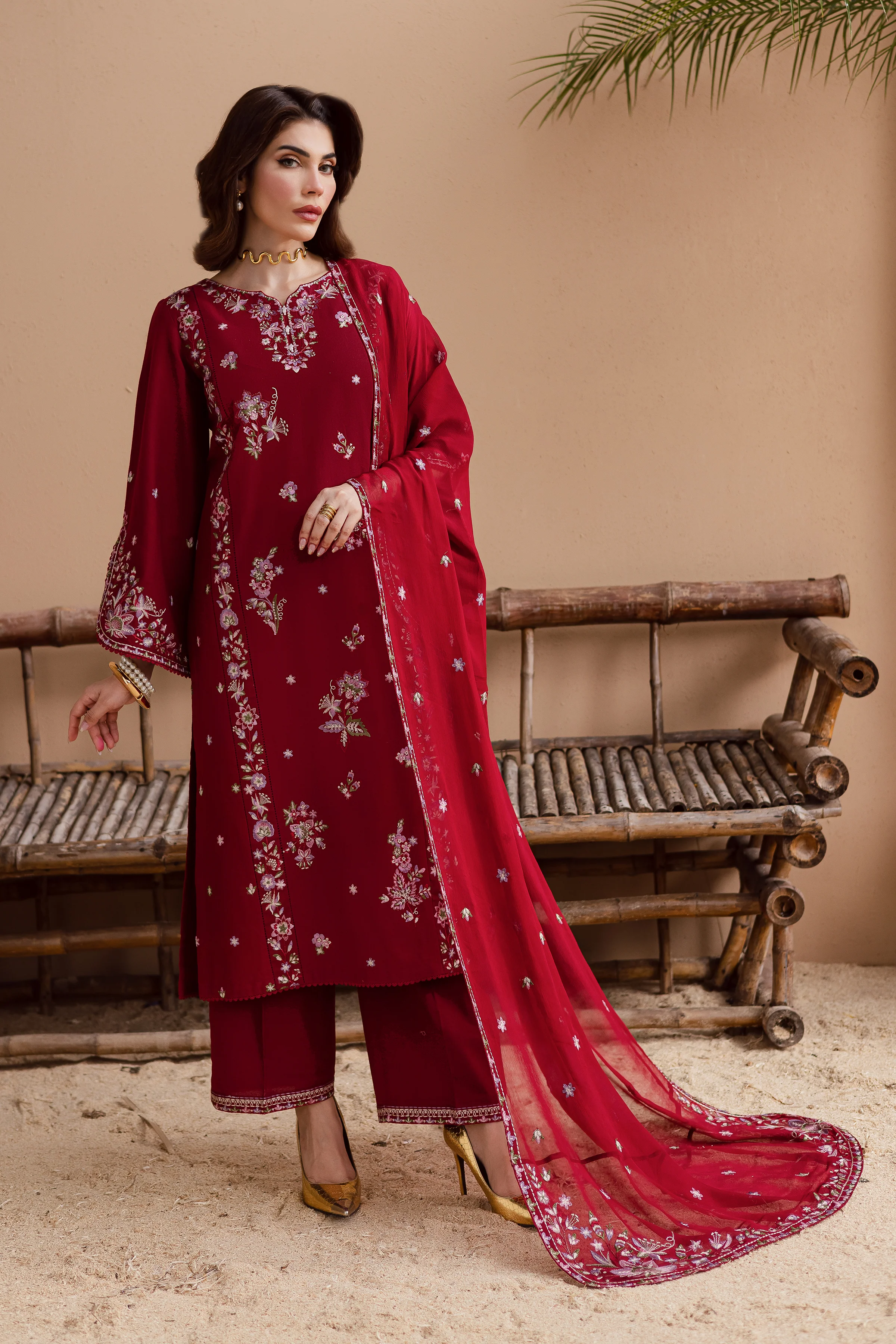 Beet Rush 3Pc - Embroidered Khaddar Dress - Image 5