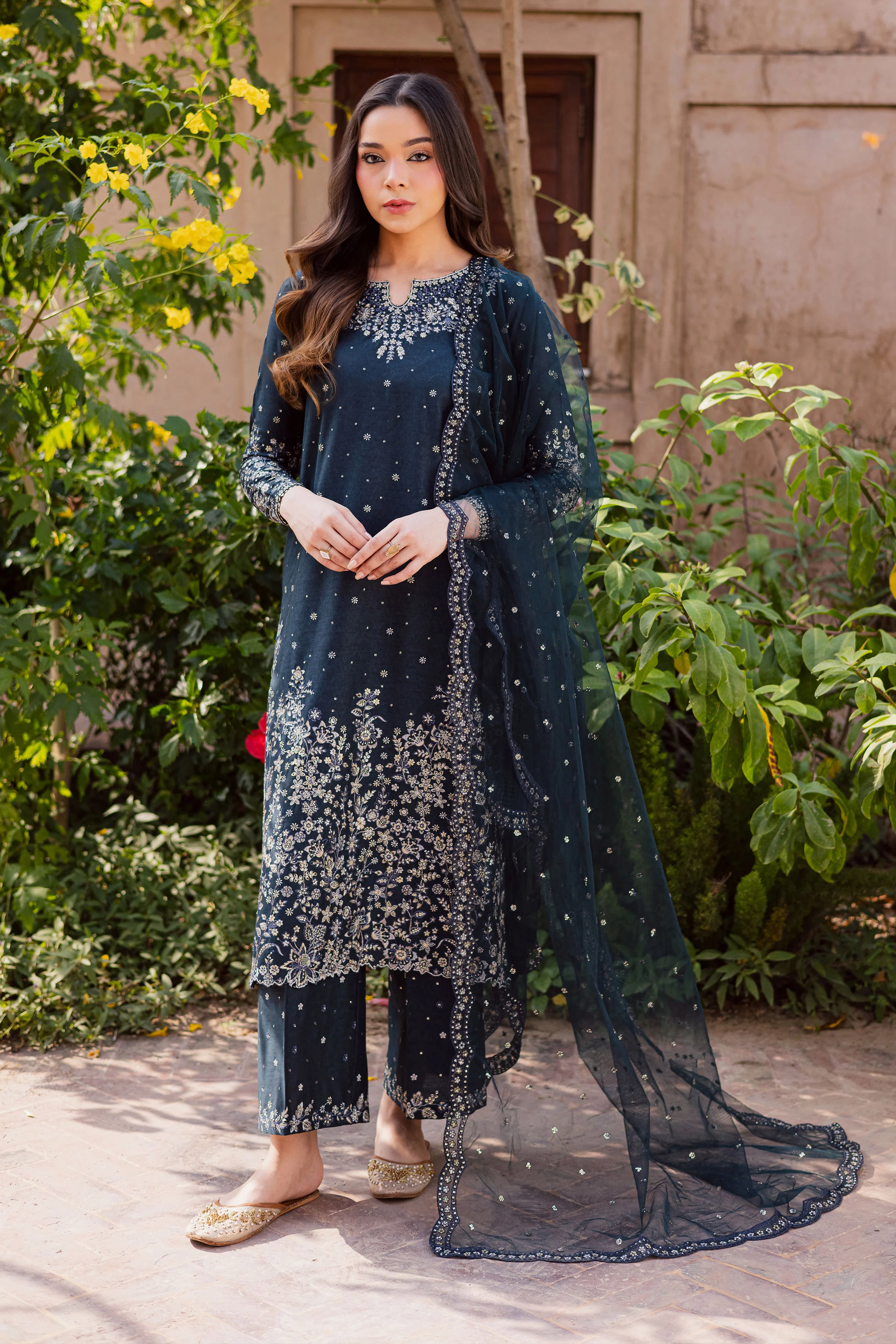 Berry Blue 3Pc - Embroidered Karandi Dress