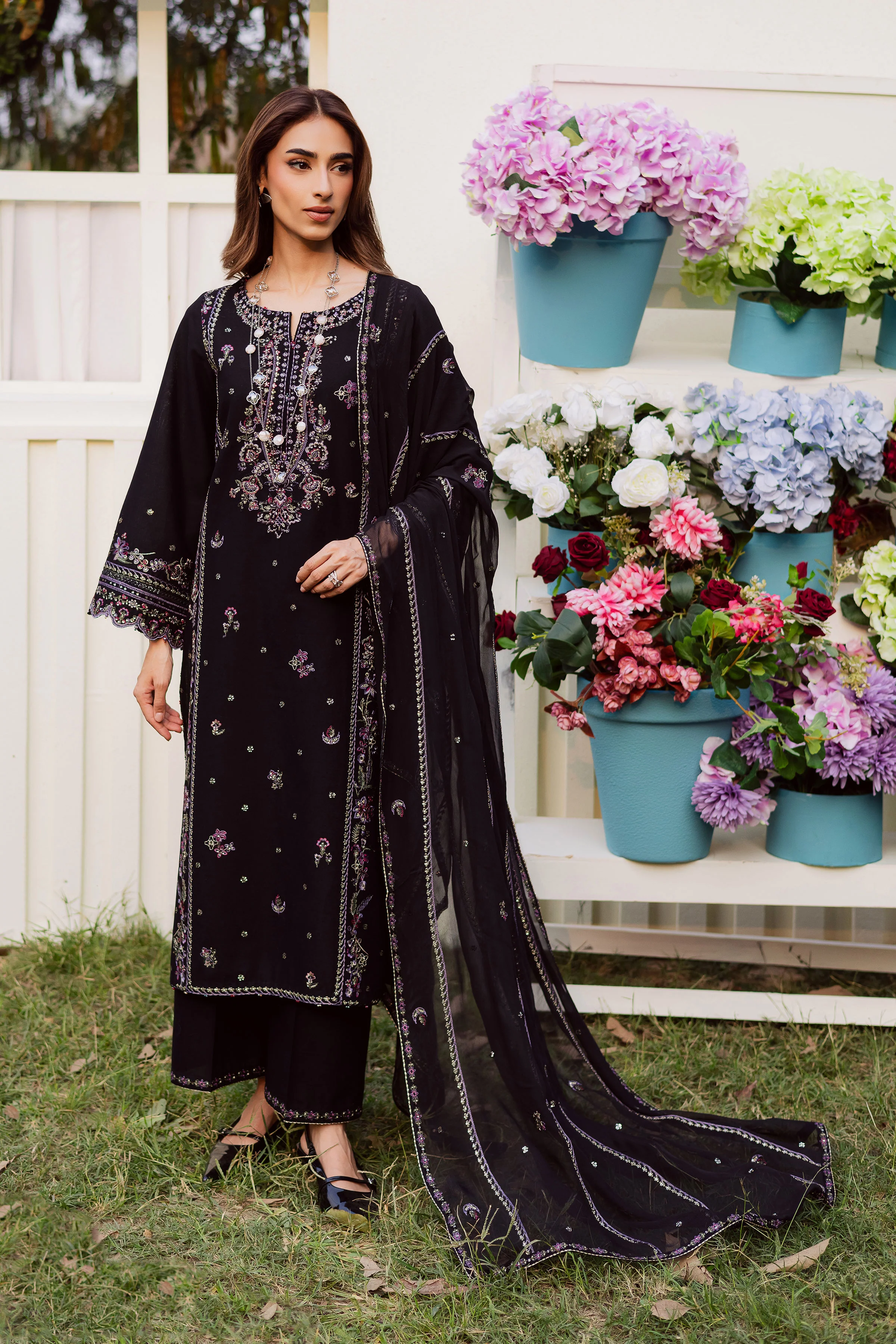 Black Cascade 3Pc - Embroidered Khaddar Dress