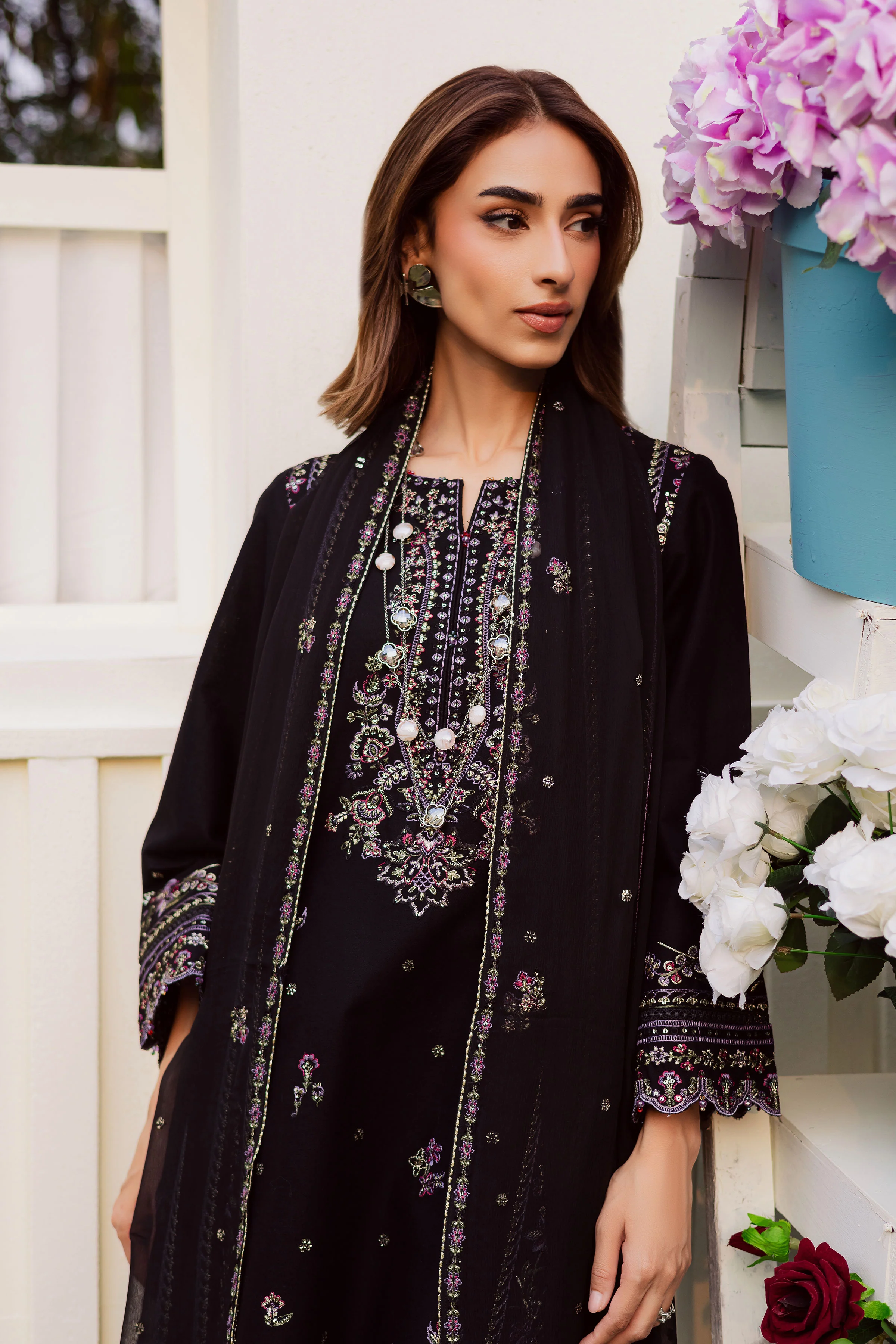 Black Cascade 3Pc - Embroidered Khaddar Dress - Image 2