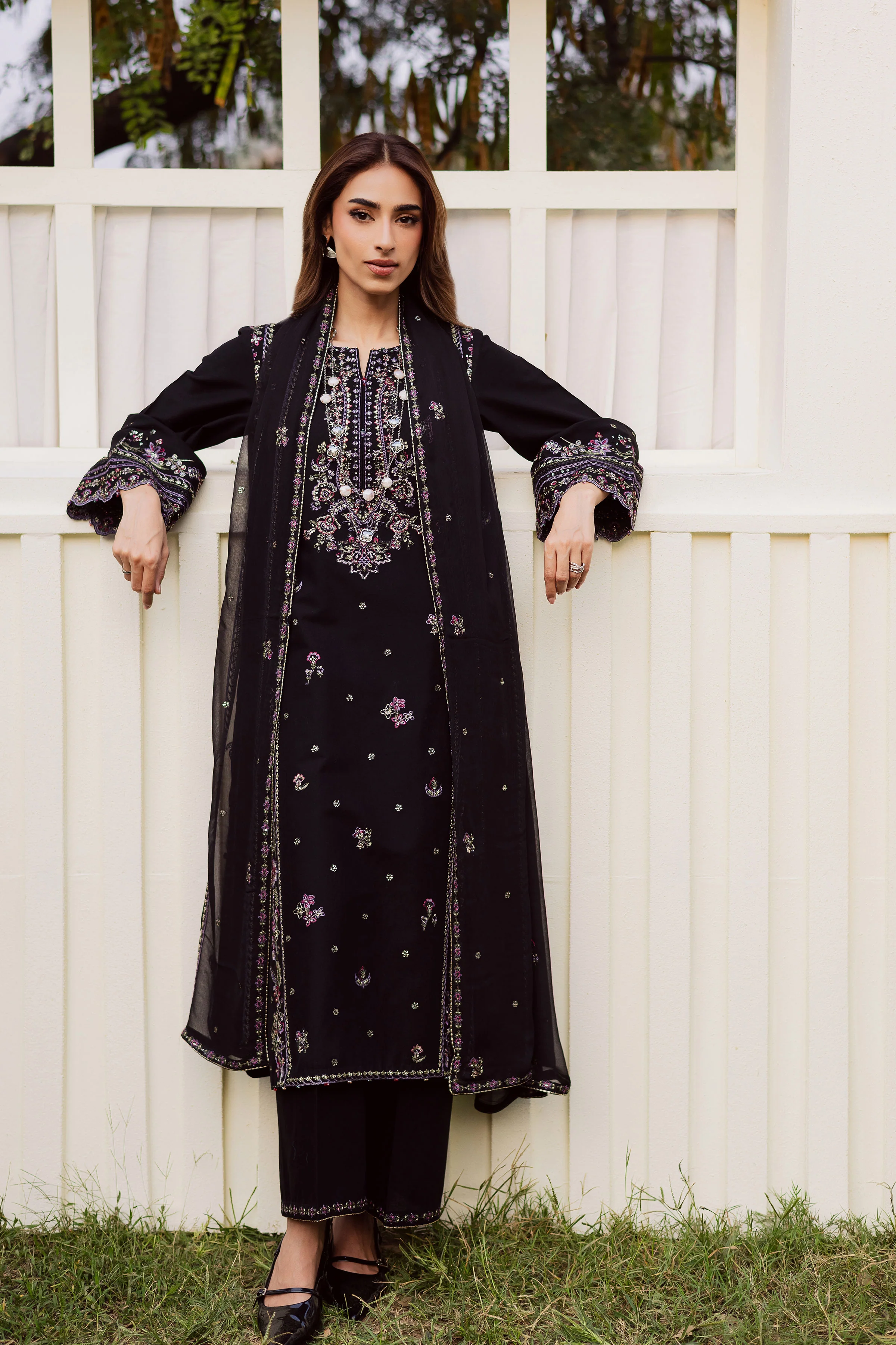 Black Cascade 3Pc - Embroidered Khaddar Dress - Image 3