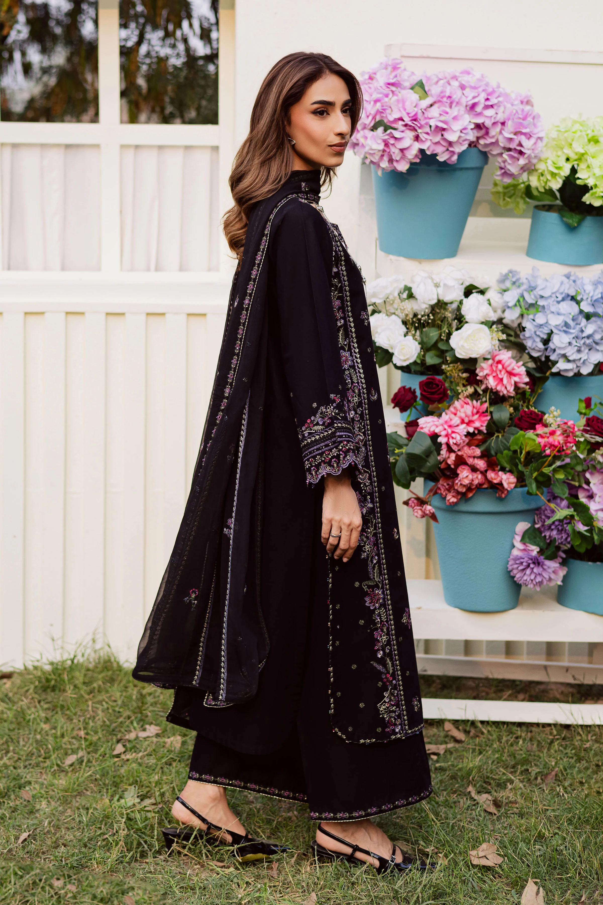Black Cascade 3Pc - Embroidered Khaddar Dress - Image 4