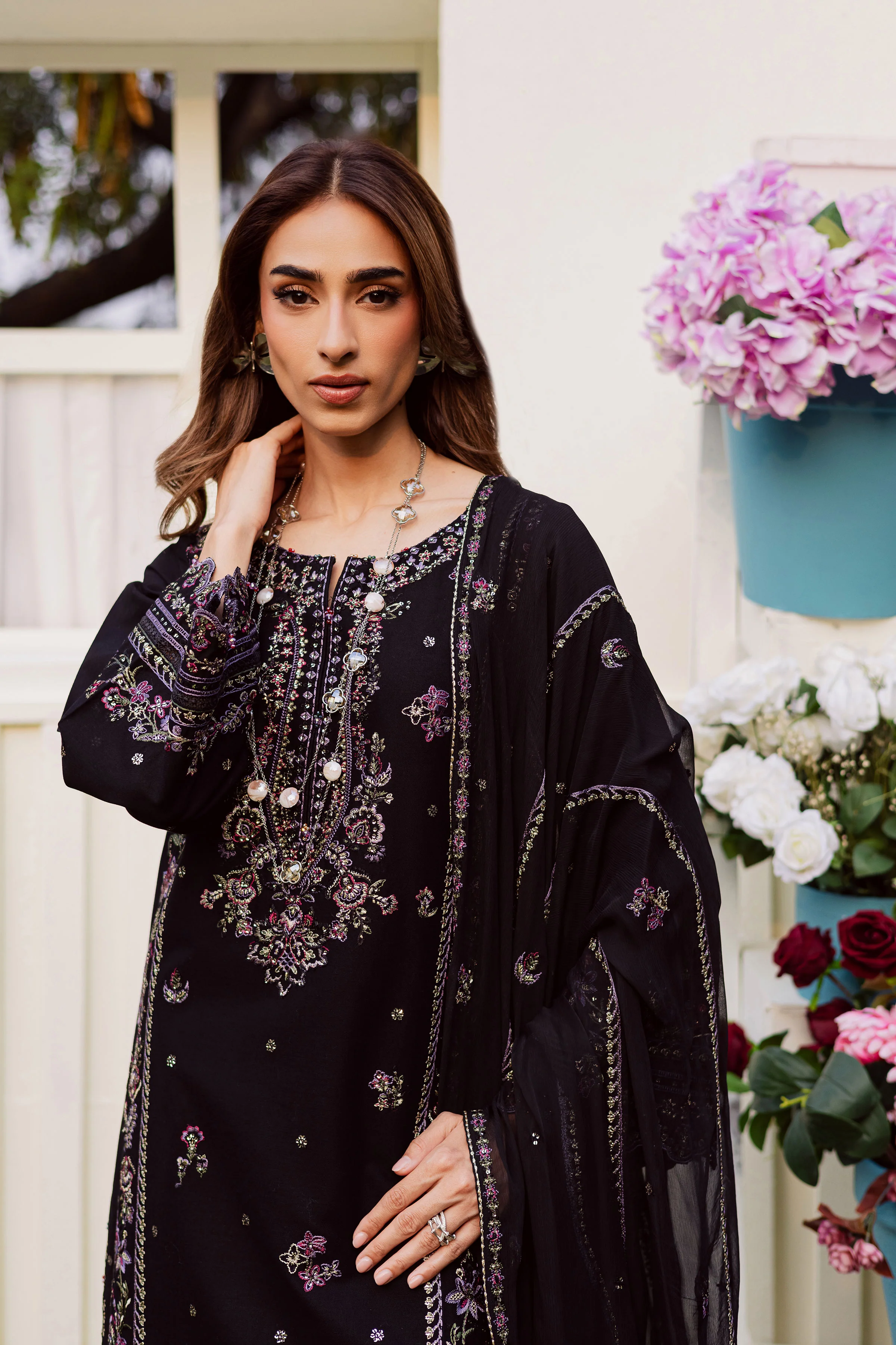 Black Cascade 3Pc - Embroidered Khaddar Dress - Image 5