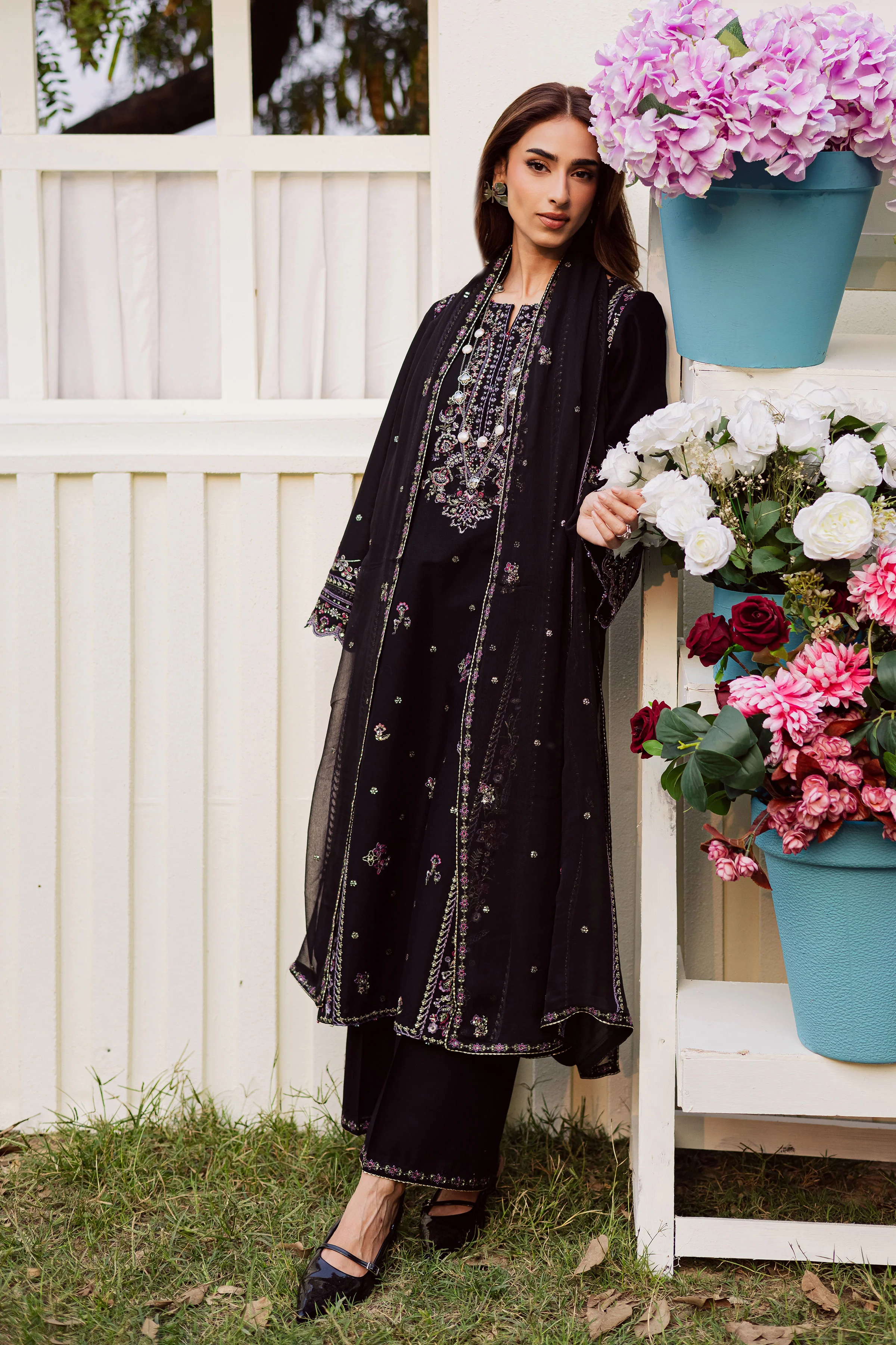 Black Cascade 3Pc - Embroidered Khaddar Dress - Image 6