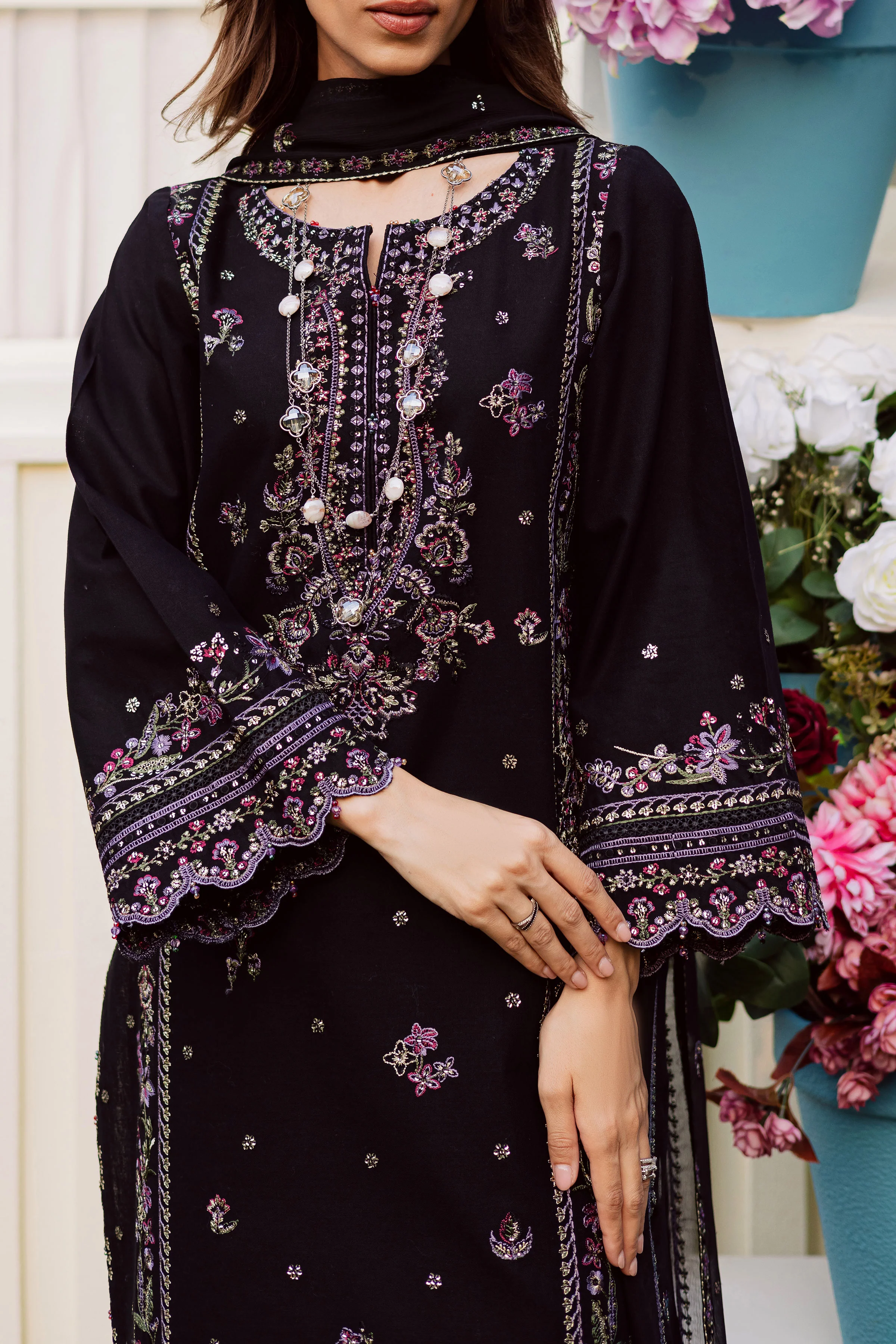 Black Cascade 3Pc - Embroidered Khaddar Dress - Image 7