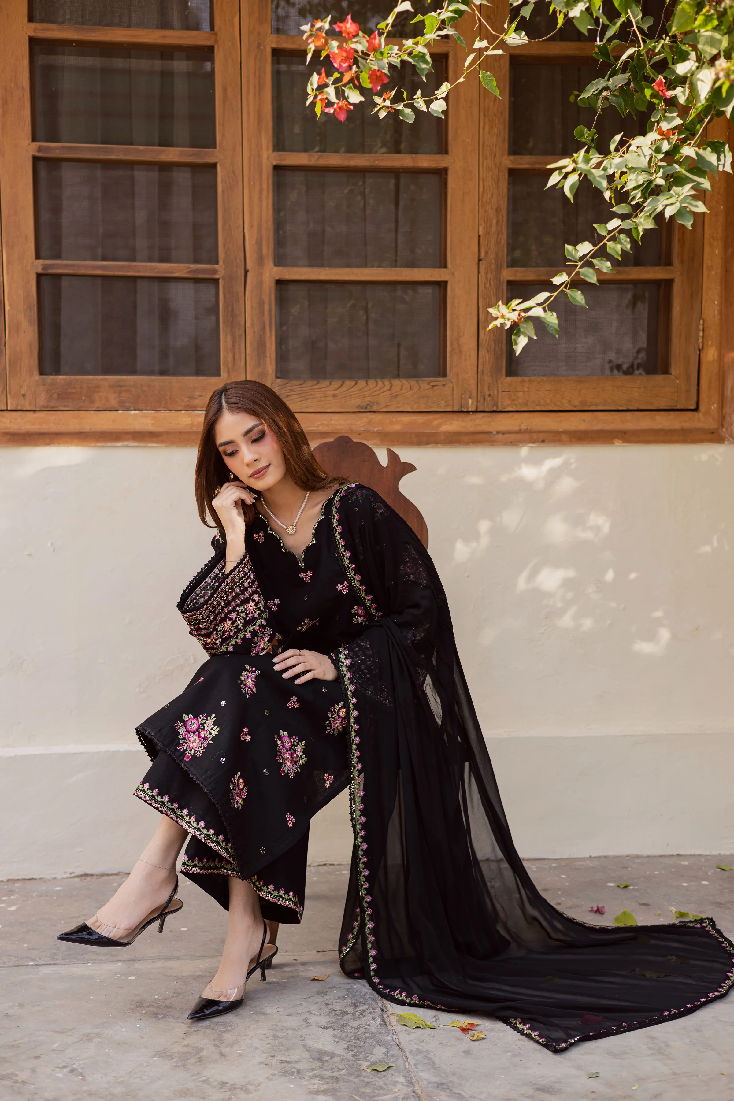 Black Pink 3Pc - Embroidered Khaddar Dress - Image 2