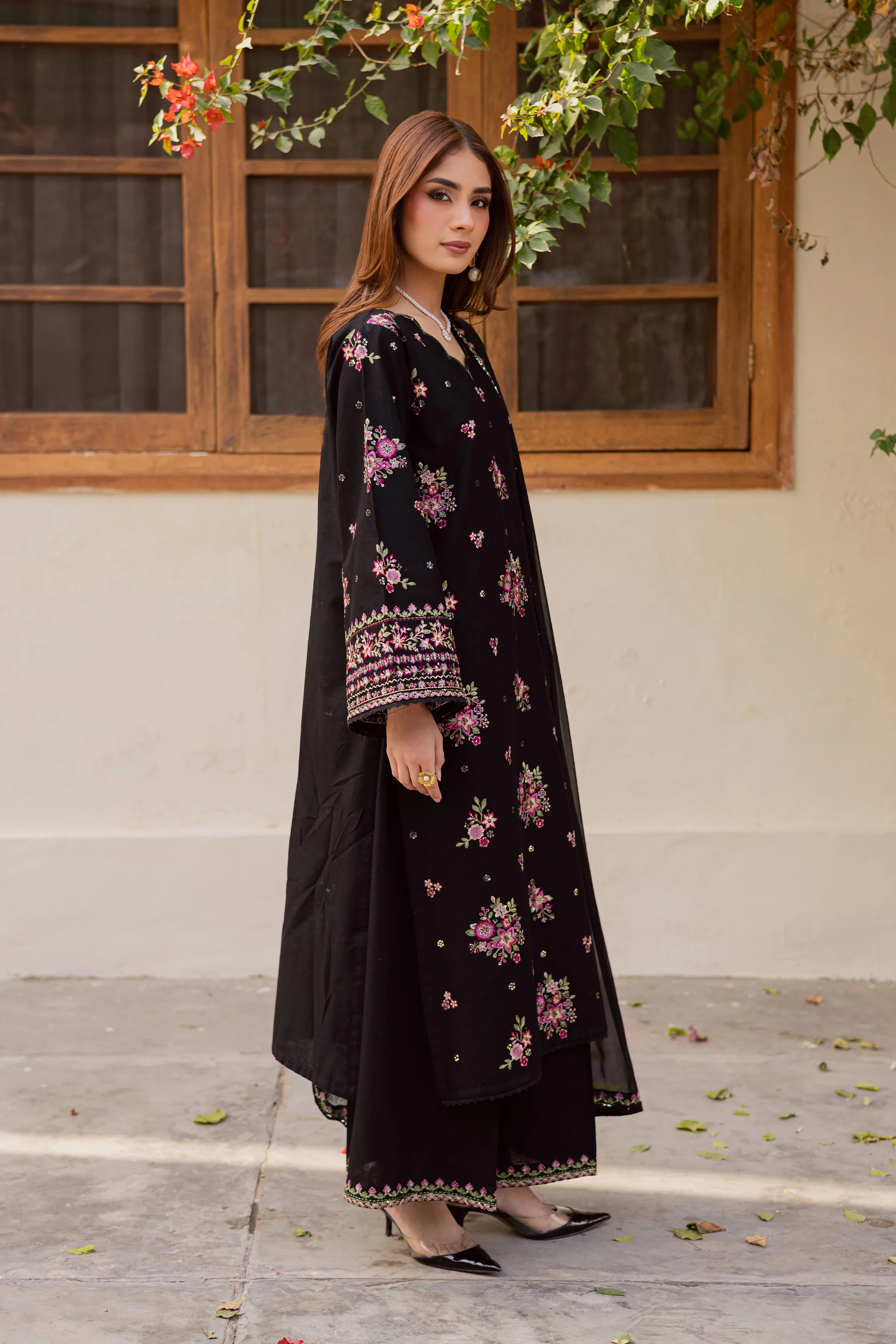 Black Pink 3Pc - Embroidered Khaddar Dress - Image 3