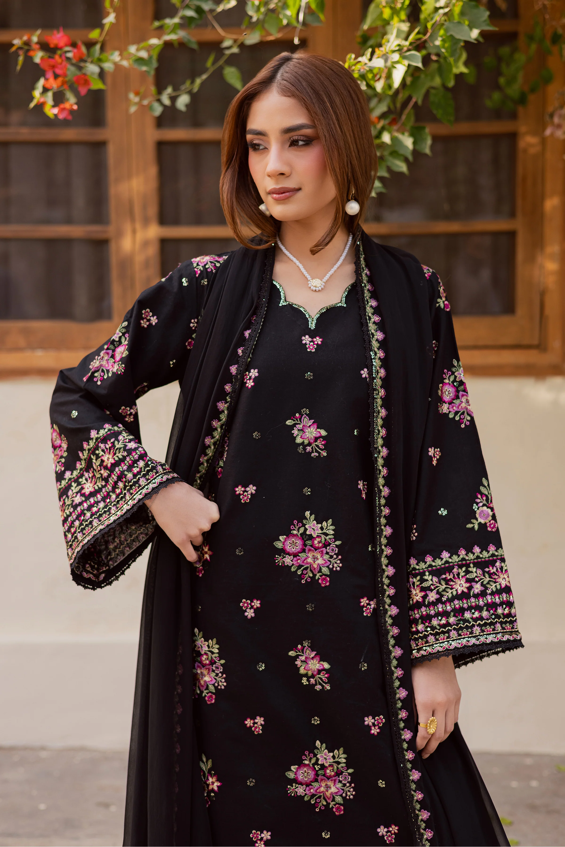Black Pink 3Pc - Embroidered Khaddar Dress - Image 4