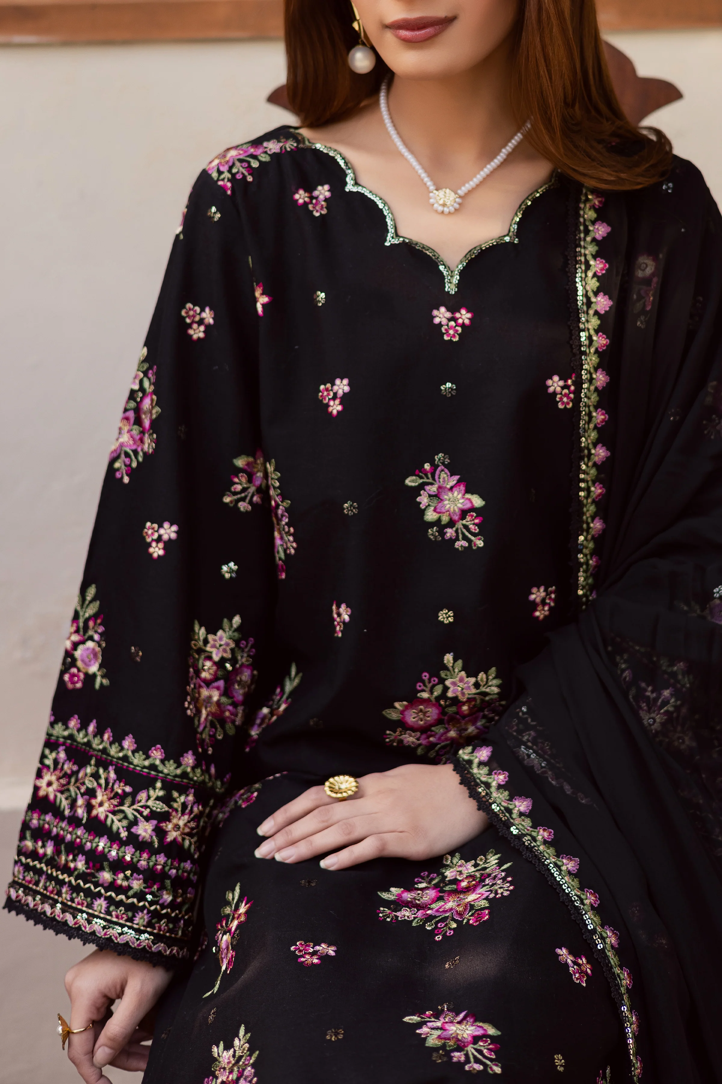 Black Pink 3Pc - Embroidered Khaddar Dress - Image 5