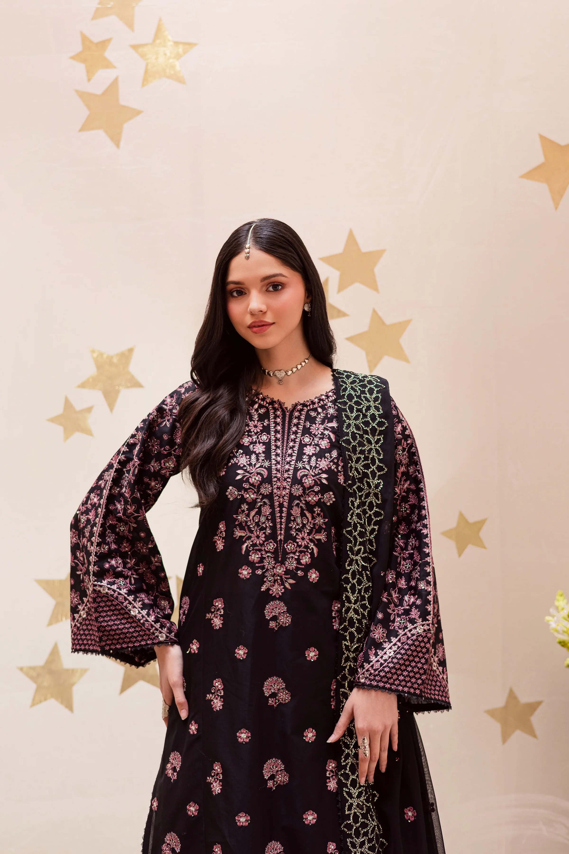 Black Sakura 3Pc - Festive Embroidered Lawn - Image 2