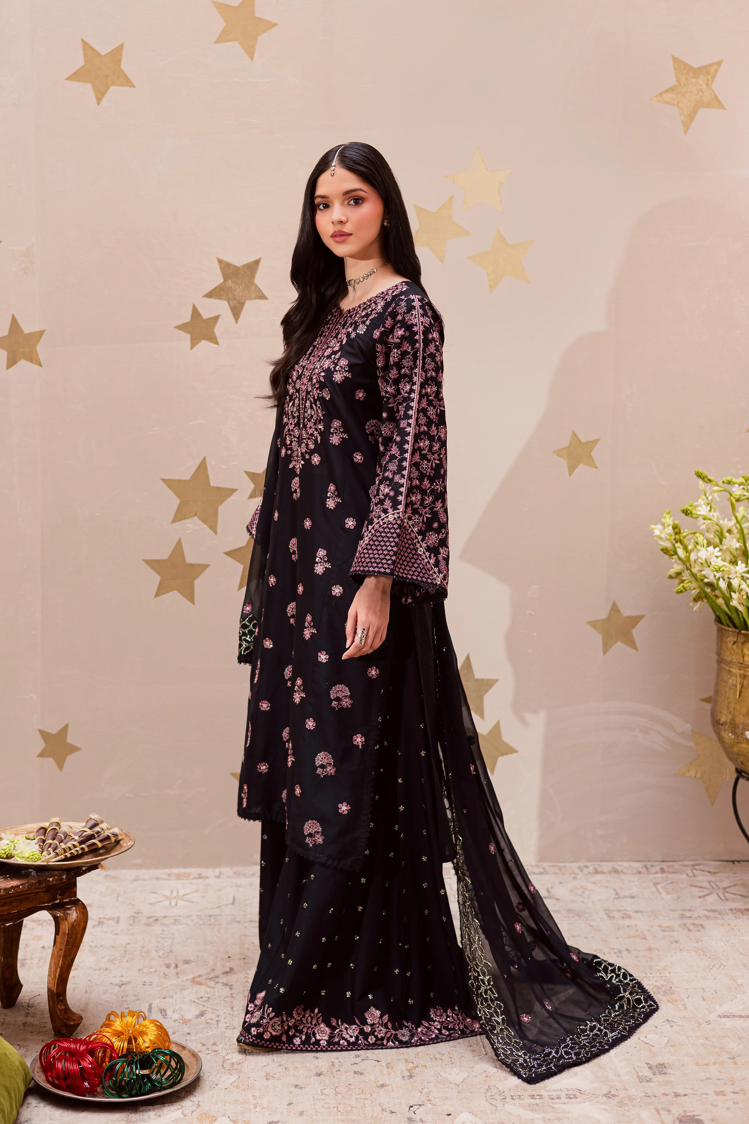 Black Sakura 3Pc - Festive Embroidered Lawn - Image 3