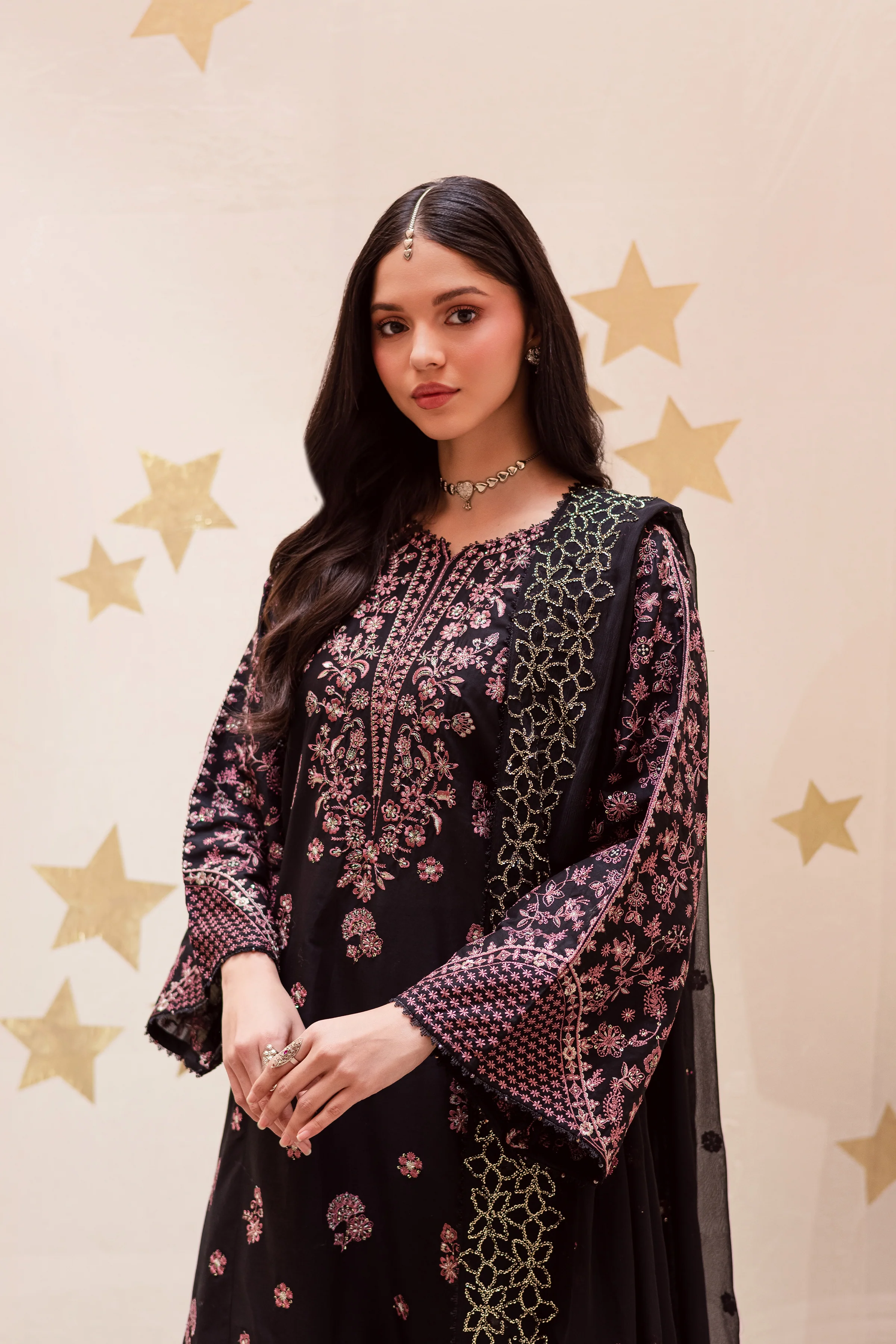 Black Sakura 3Pc - Festive Embroidered Lawn - Image 6