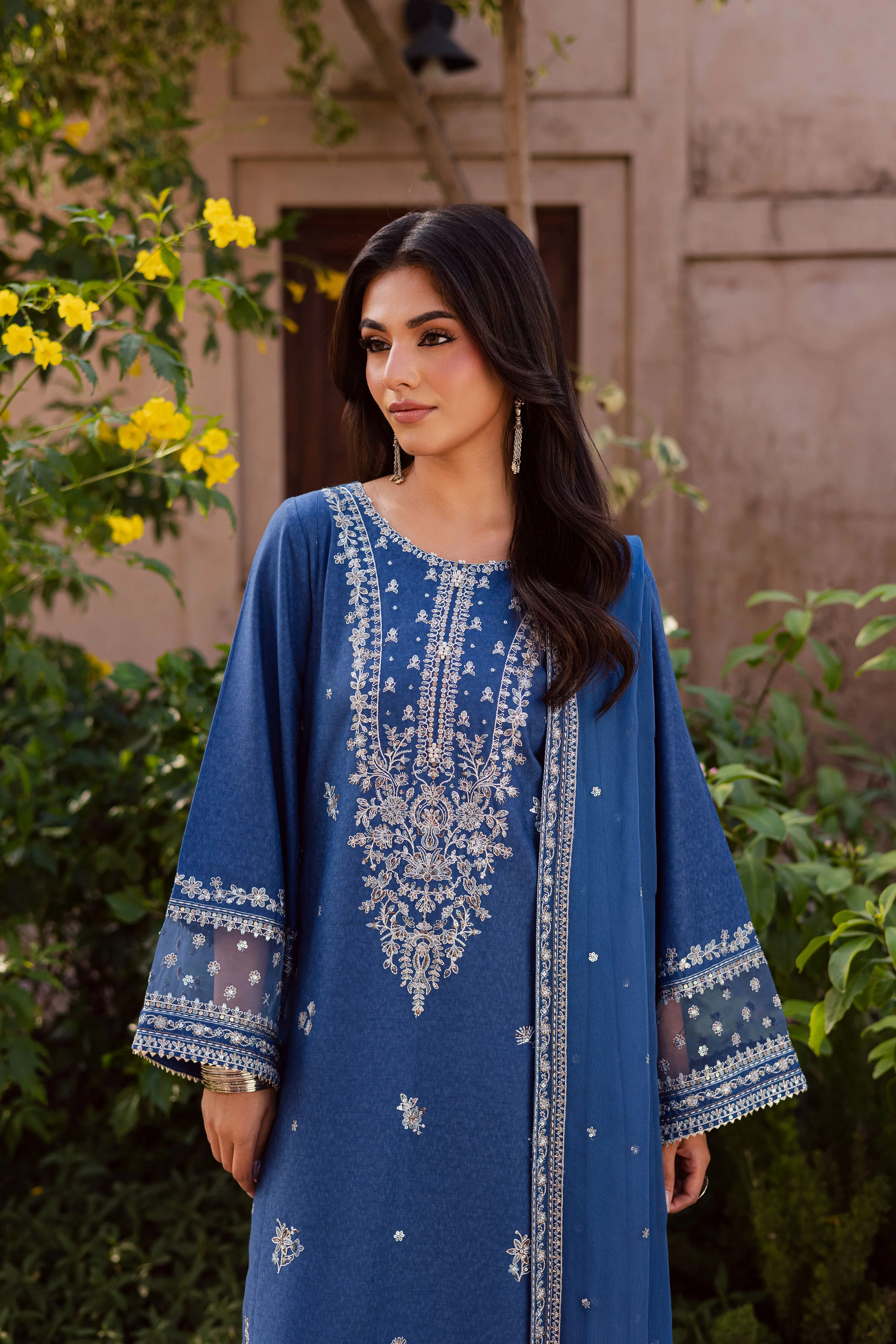 Blue Mahra 3Pc - Embroidered Karandi Dress - Image 2