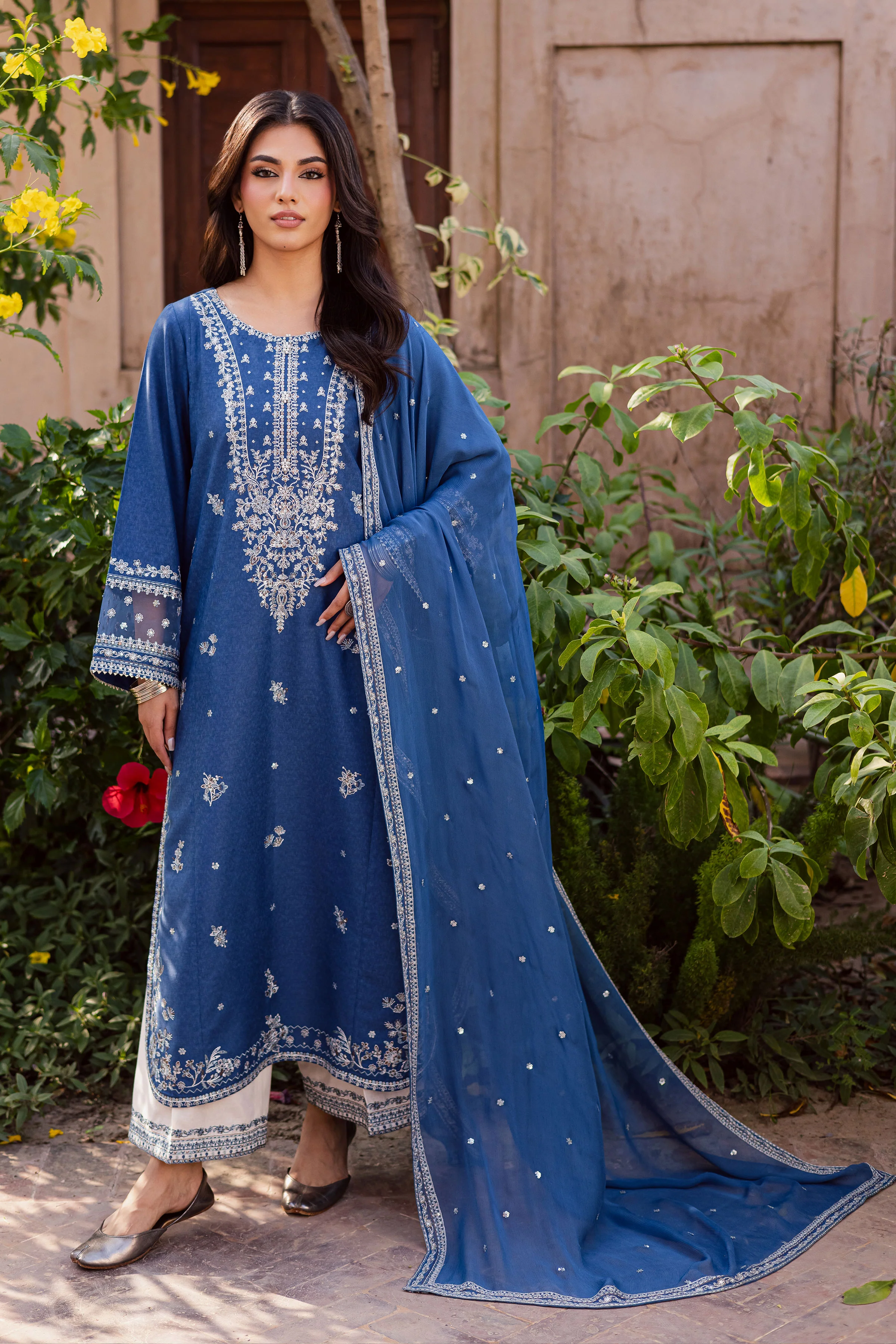 Blue Mahra 3Pc - Embroidered Karandi Dress - Image 3