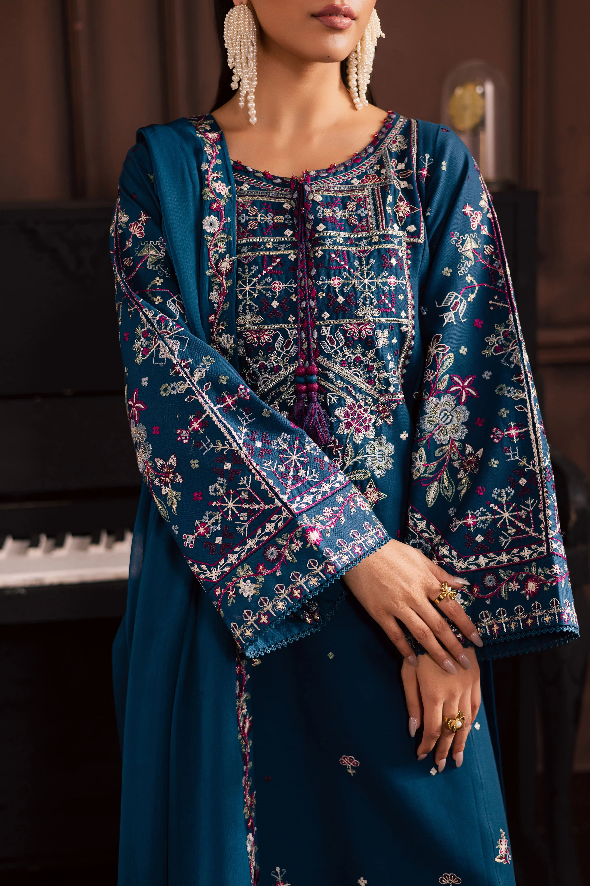 Blue Meg 3Pc - Embroidered Khaddar Dress - Image 10