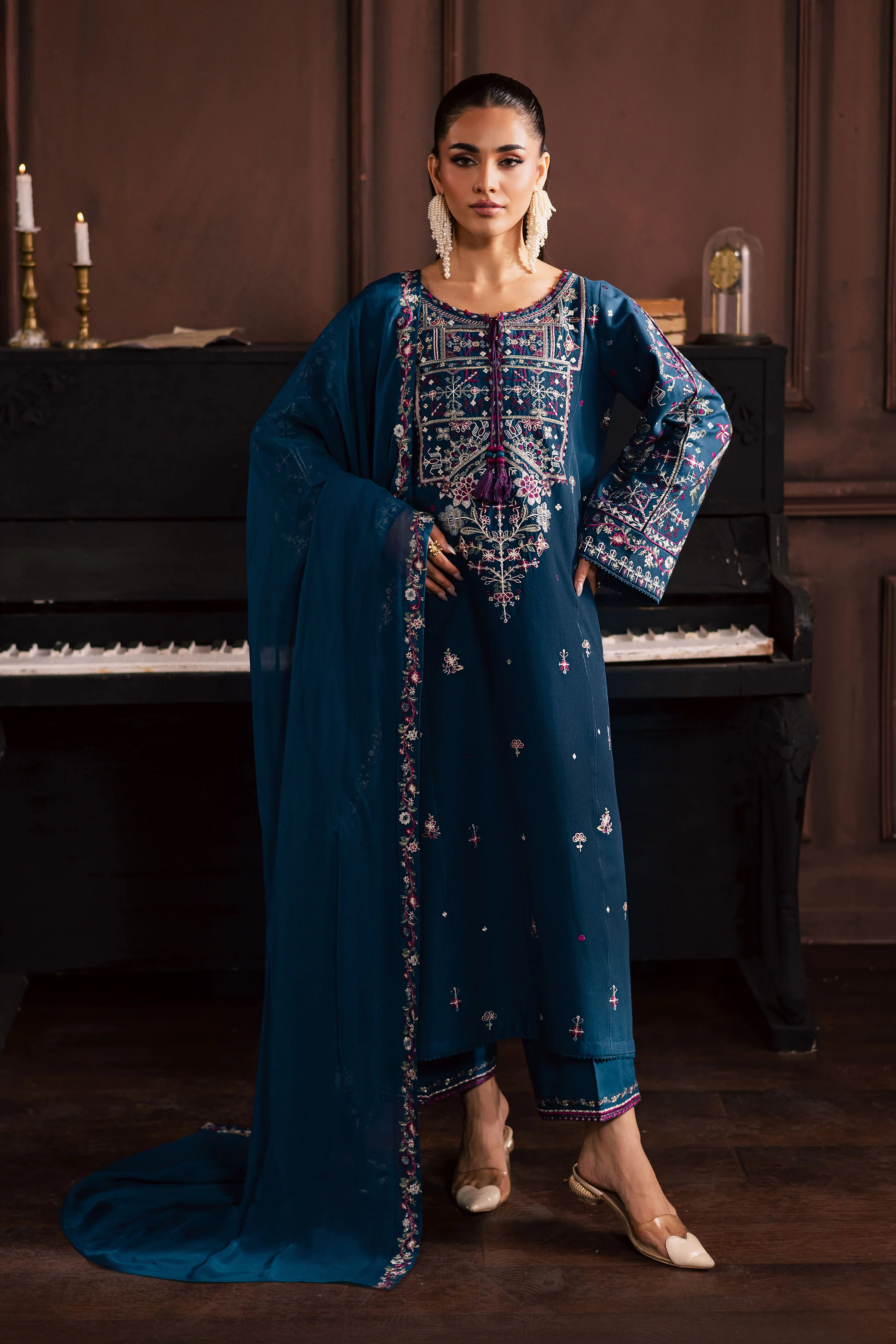Blue Meg 3Pc - Embroidered Khaddar Dress - Image 3