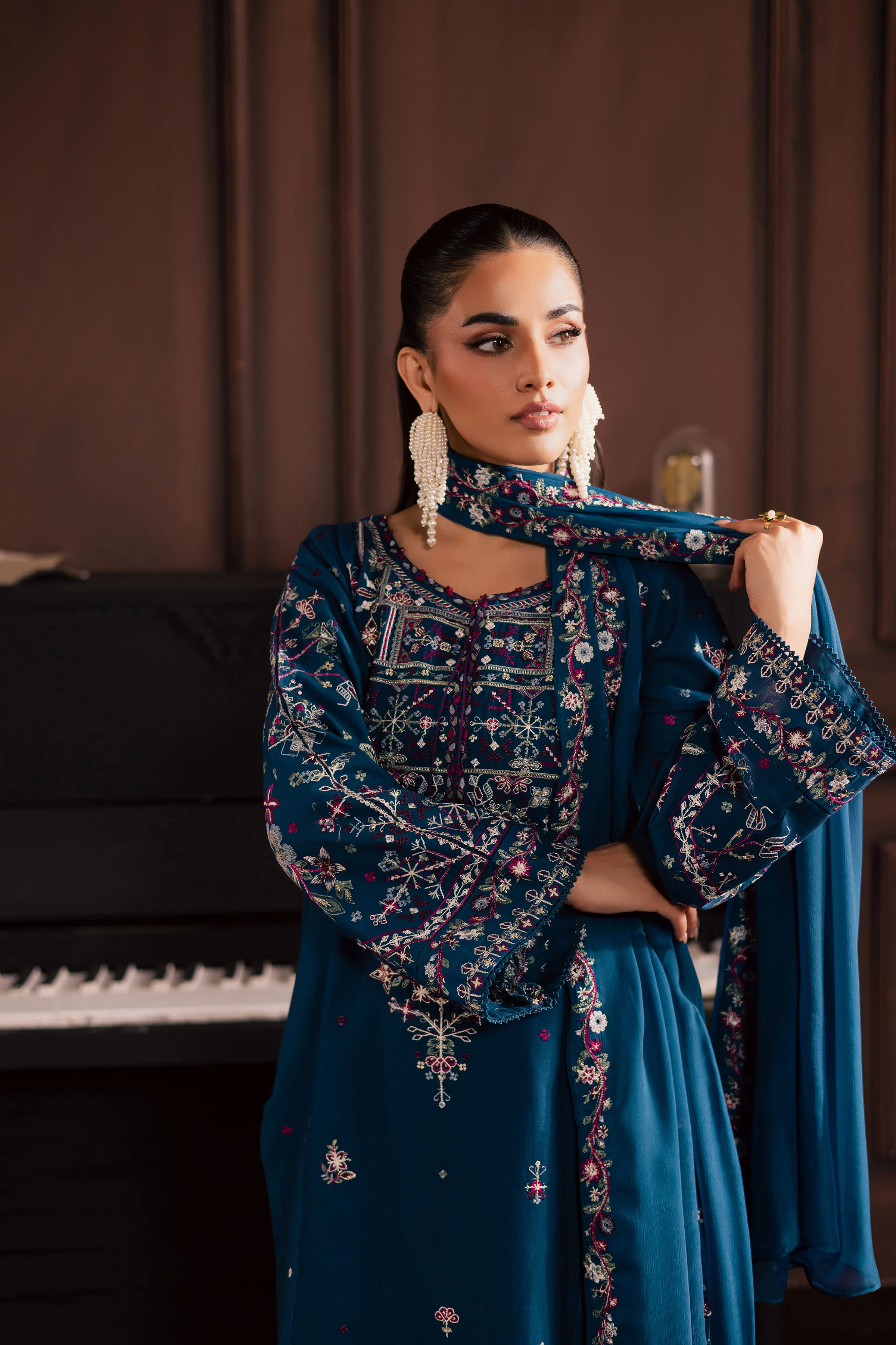 Blue Meg 3Pc - Embroidered Khaddar Dress - Image 4