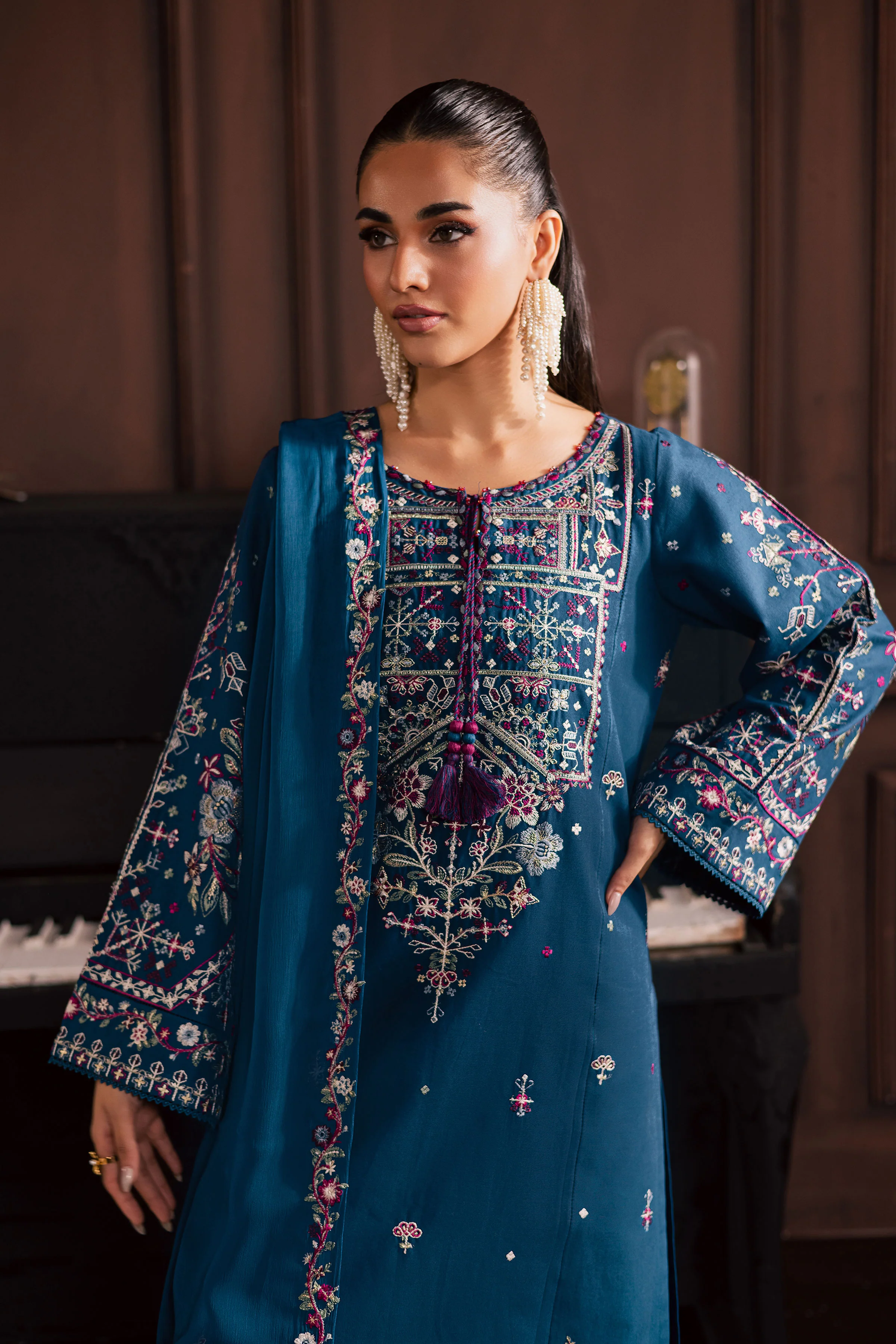 Blue Meg 3Pc - Embroidered Khaddar Dress - Image 9