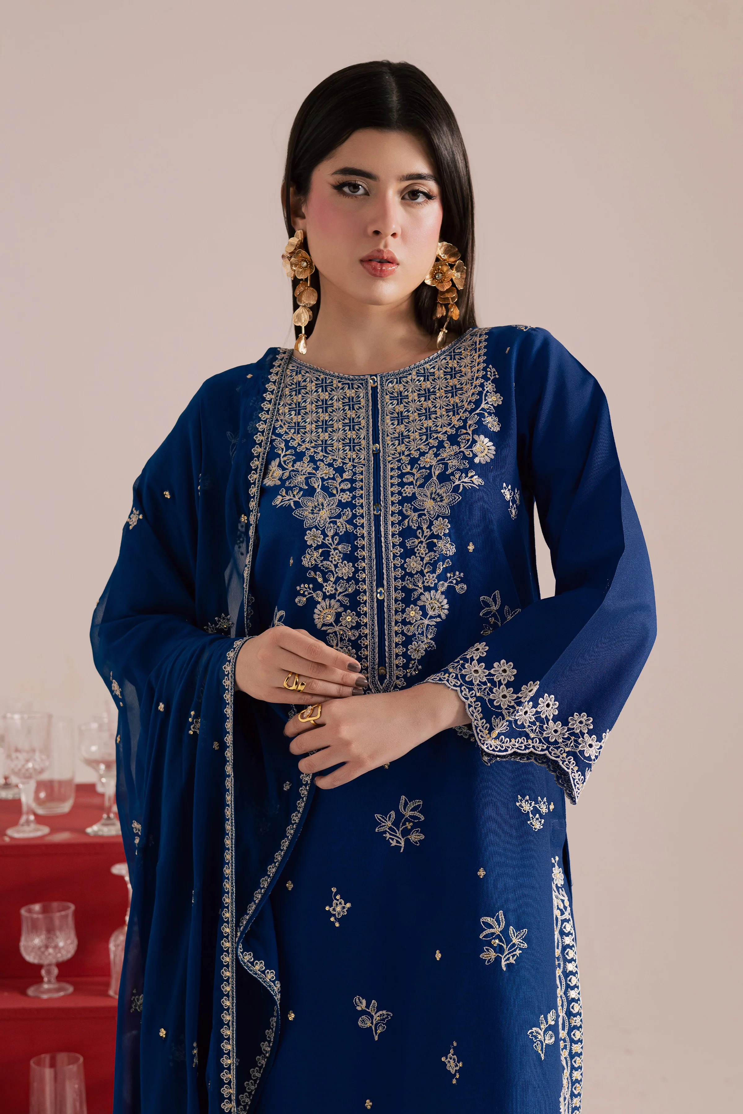 Blue Mehmal 3Pc - Embroidered Khaddar Dress - Image 2