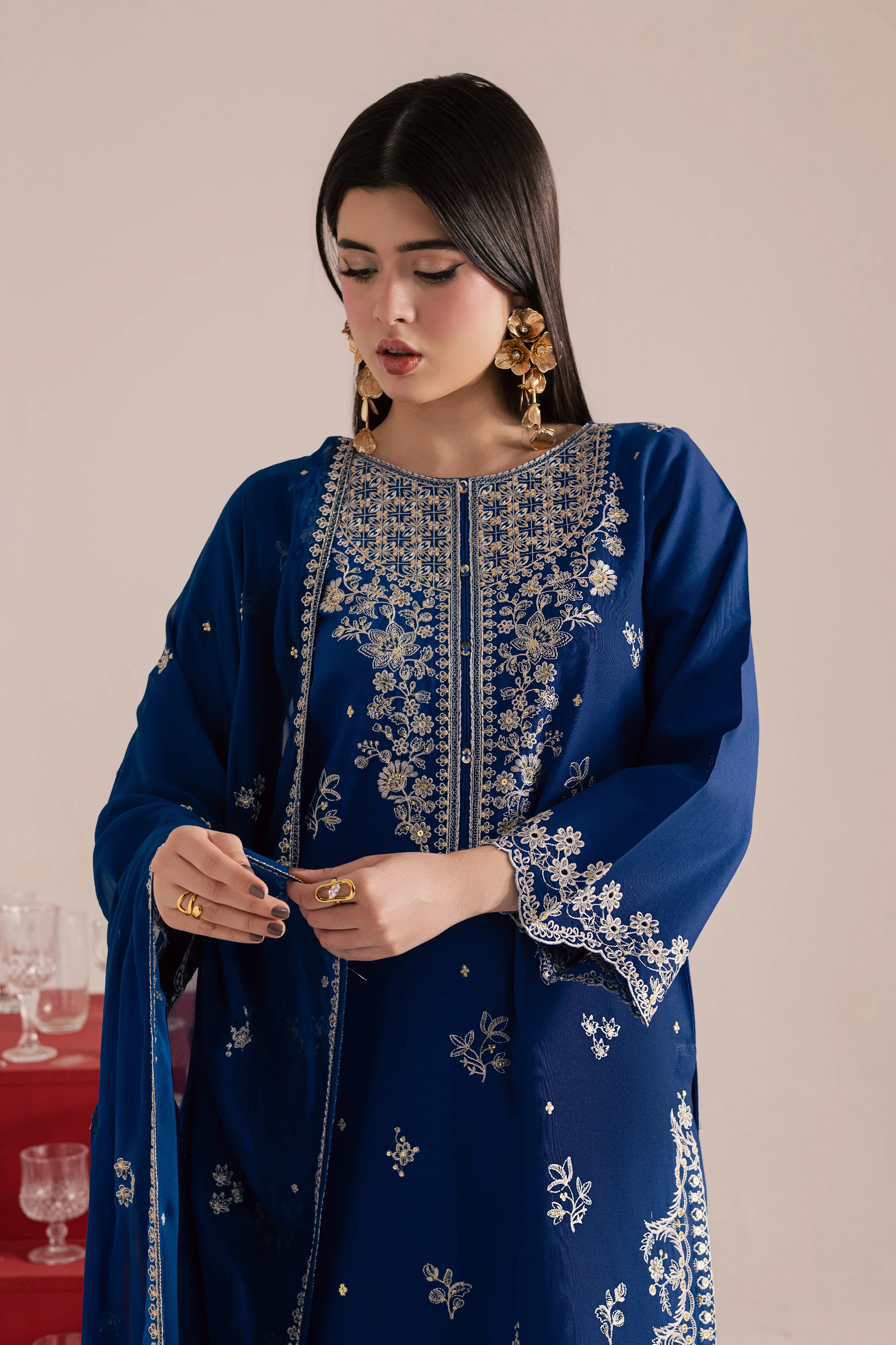 Blue Mehmal 3Pc - Embroidered Khaddar Dress - Image 3