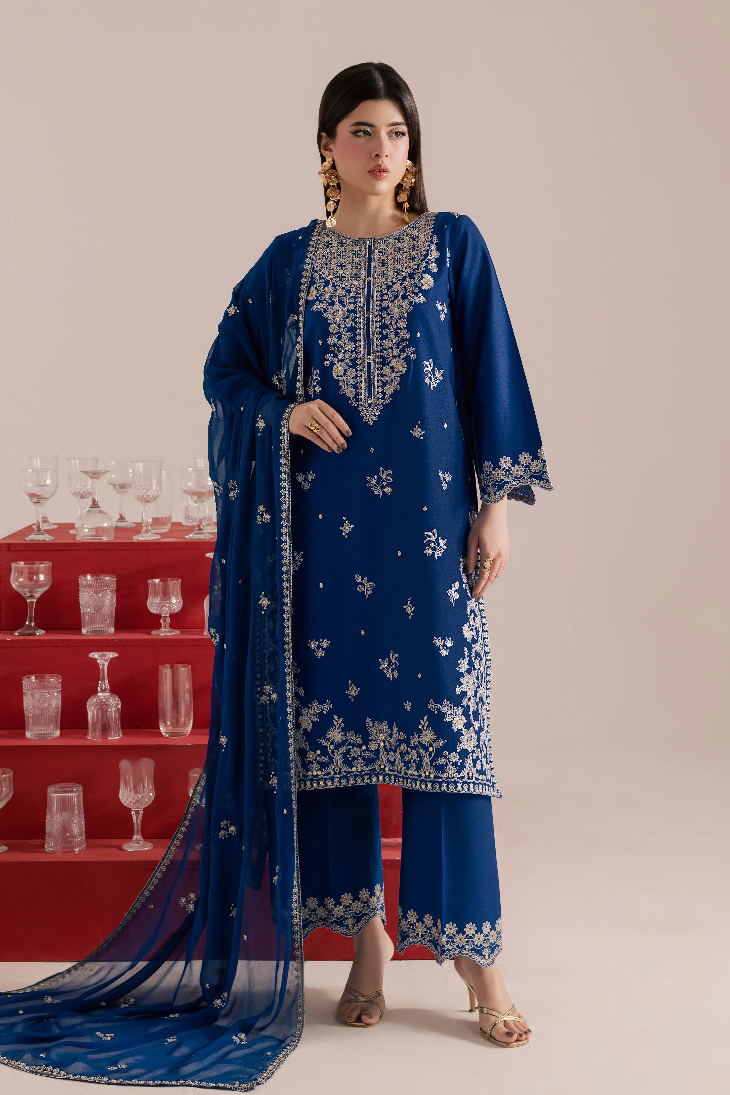 Blue Mehmal 3Pc - Embroidered Khaddar Dress - Image 4