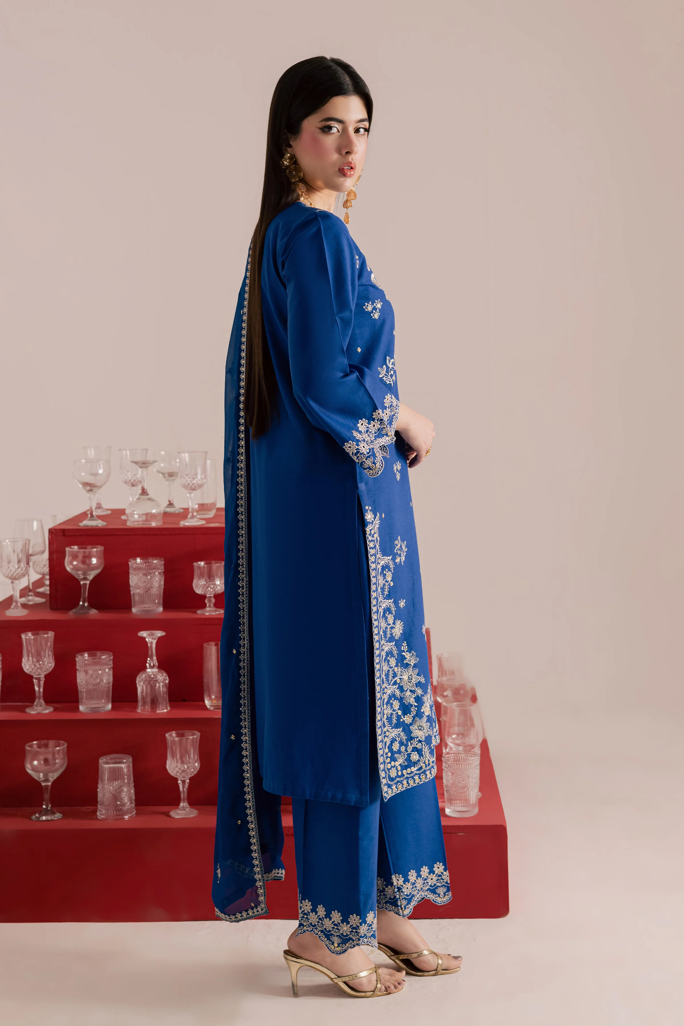 Blue Mehmal 3Pc - Embroidered Khaddar Dress - Image 5
