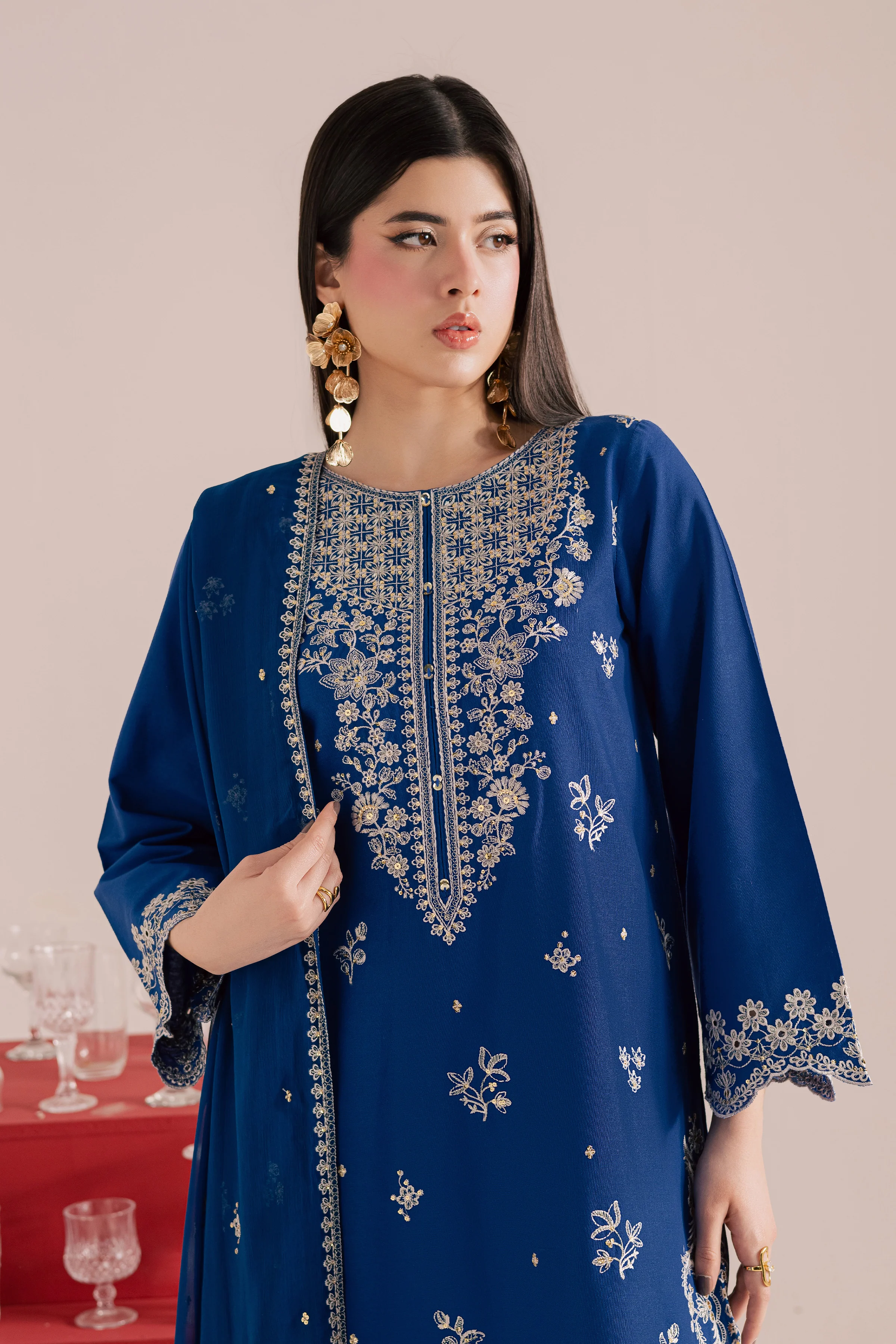Blue Mehmal 3Pc - Embroidered Khaddar Dress - Image 6