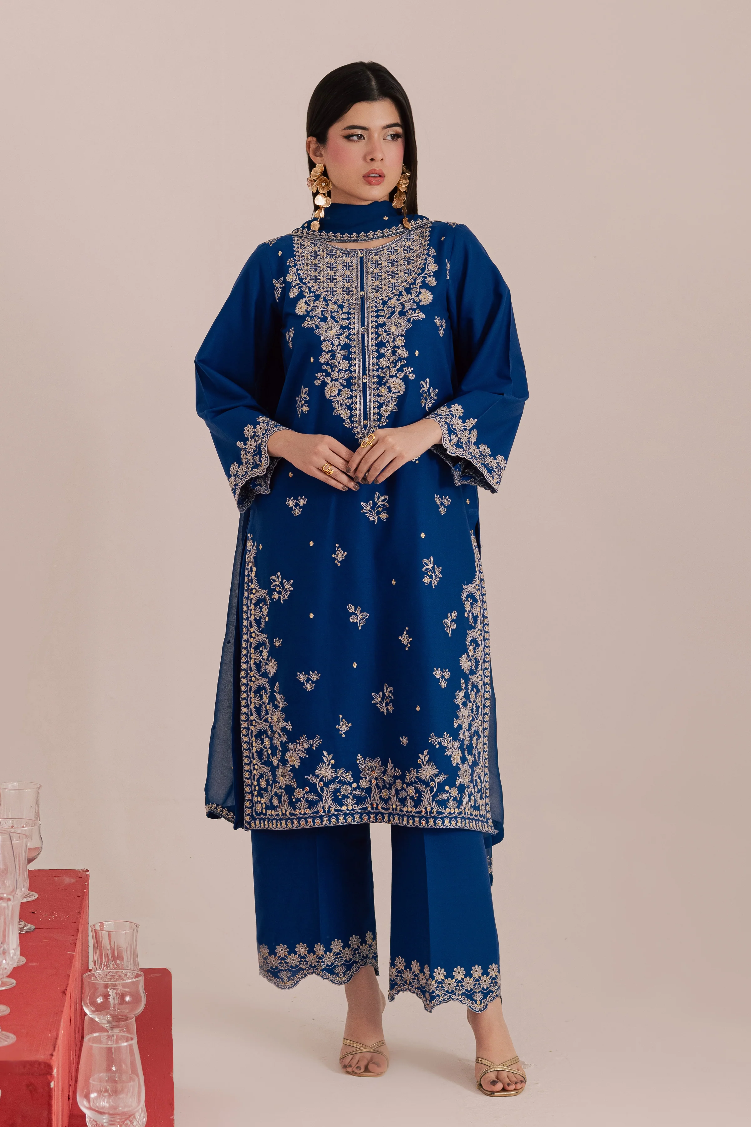 Blue Mehmal 3Pc - Embroidered Khaddar Dress - Image 7