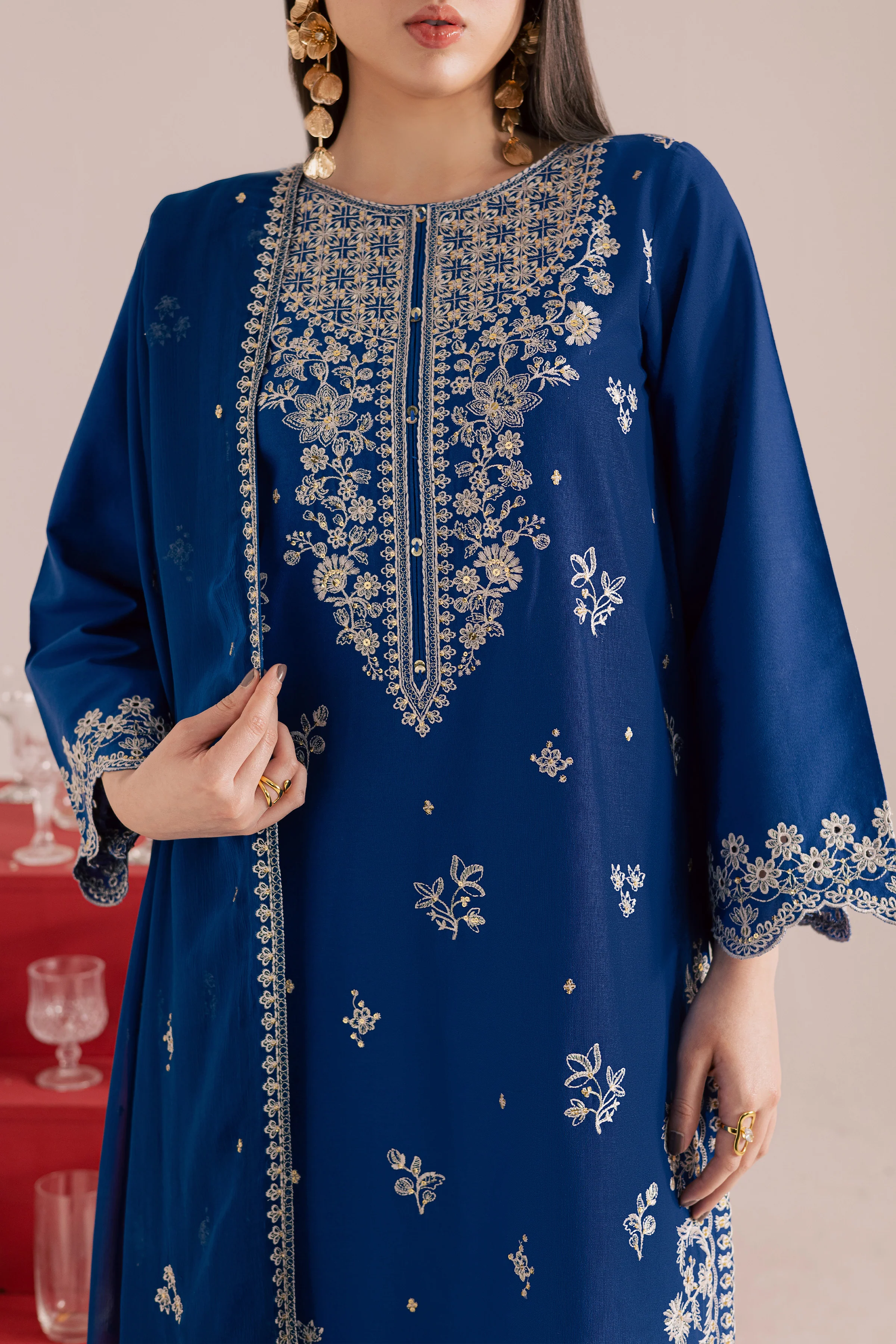 Blue Mehmal 3Pc - Embroidered Khaddar Dress - Image 8
