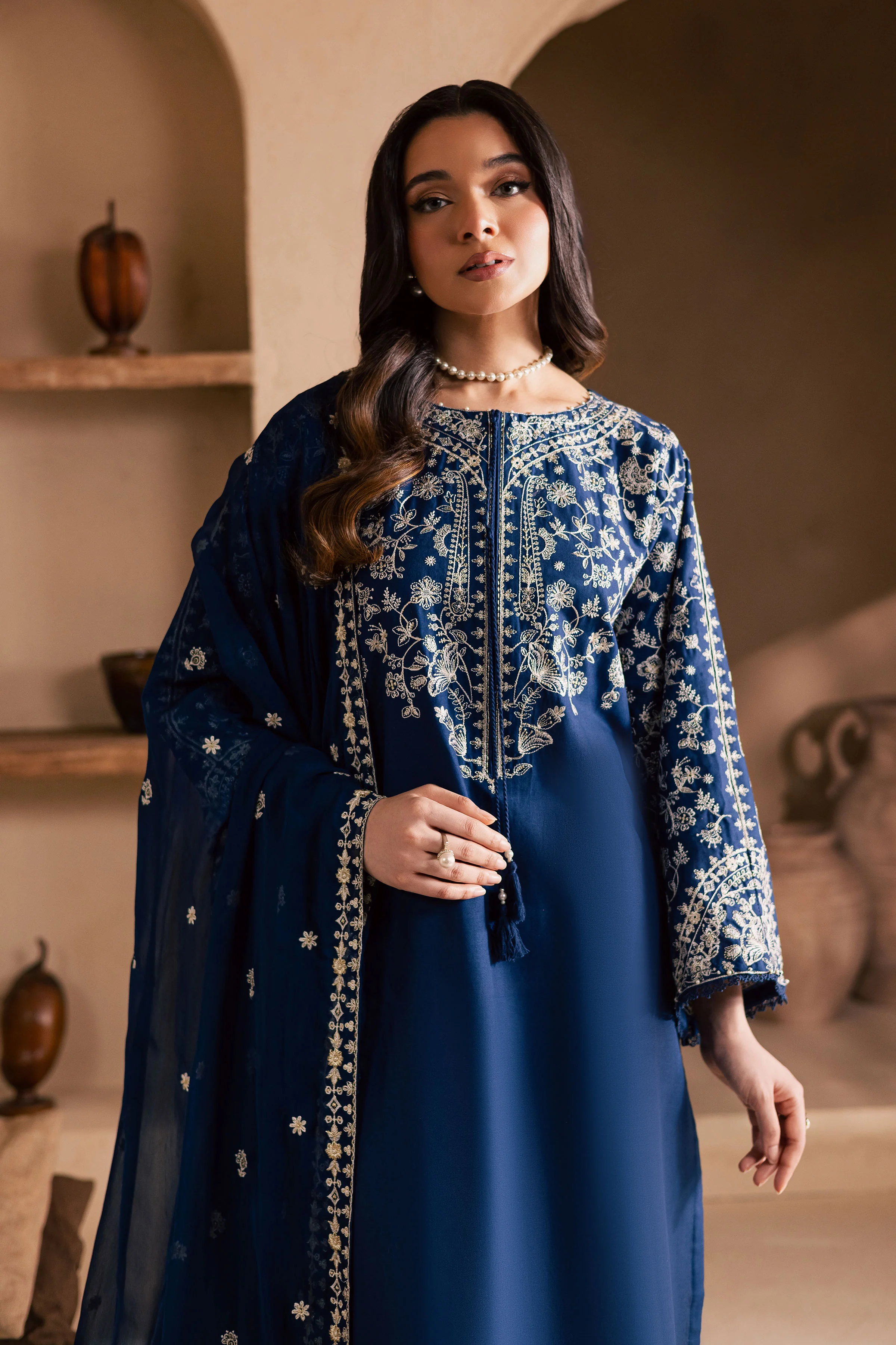 Blue Pashmina 3Pc - Embroidered Khaddar Dress - Image 2