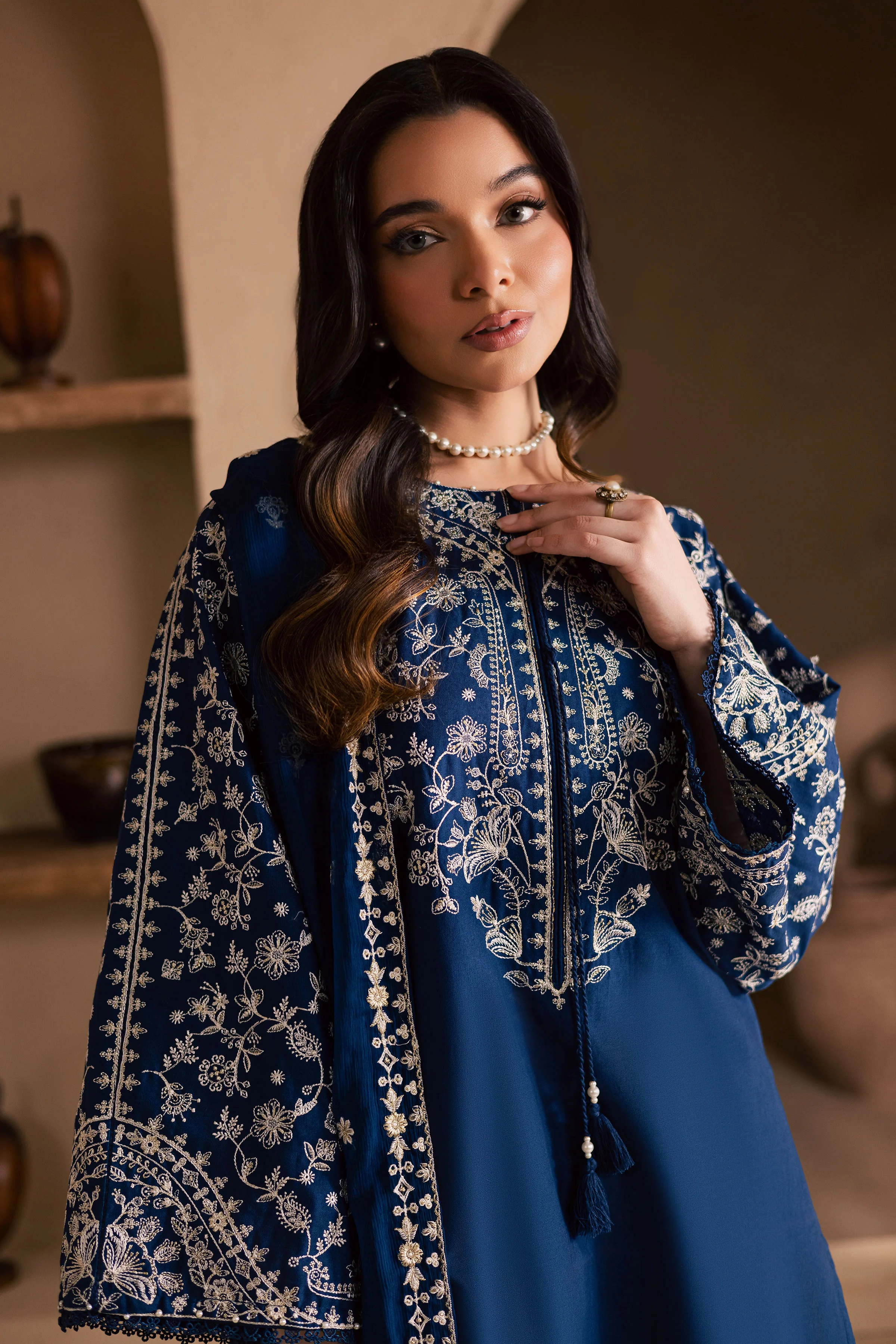 Blue Pashmina 3Pc - Embroidered Khaddar Dress - Image 5