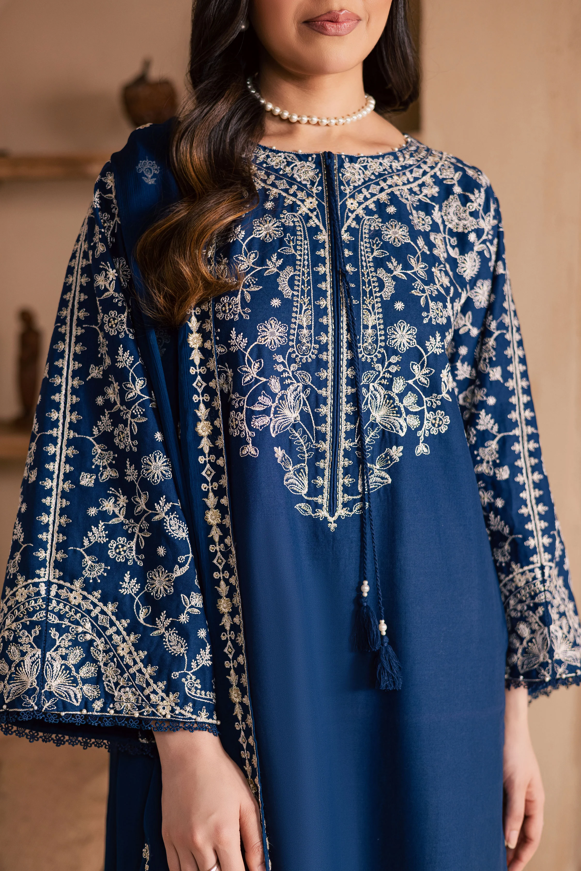 Blue Pashmina 3Pc - Embroidered Khaddar Dress - Image 8