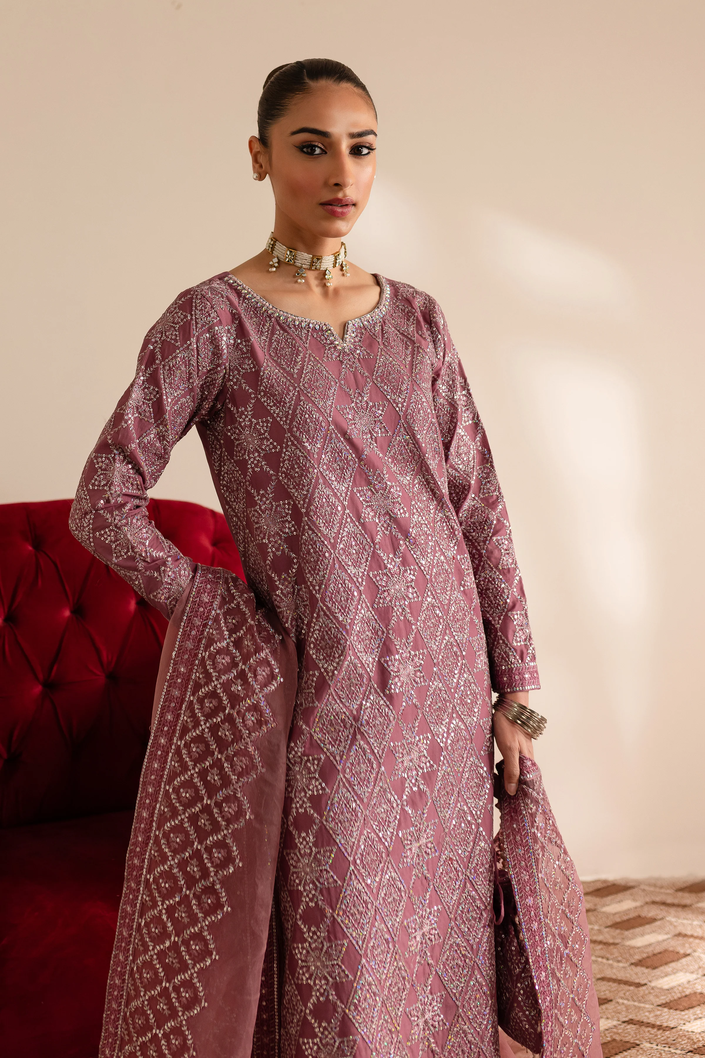 Blush Mauve 3Pc - Embroidered Luxe Pret - Image 3
